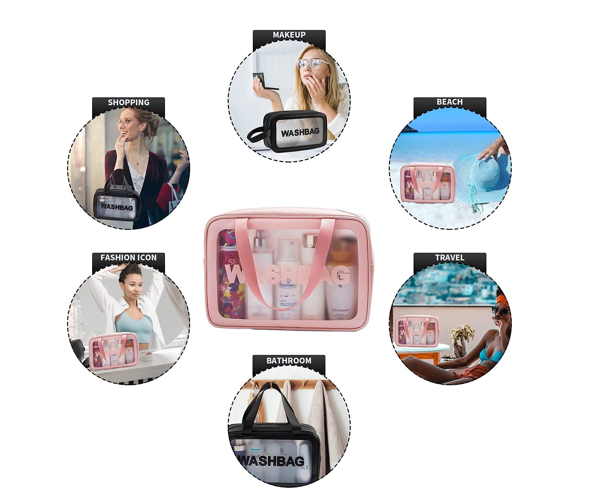 Large Clear Travel Cosmetic Organizer Bag - Waterproof Makeup Pouch & Toiletry Bag for Women & Girls (Pink) - Perfect for Airplane Carry-on, Gym Essentials & Bathroom Storage