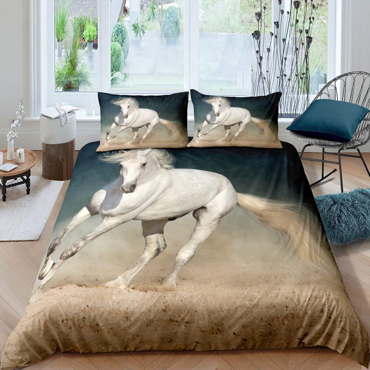 Erosebridal White Horse Duvet Cover Set - Western Cowboy Themed Twin Size Bedding (2 Pcs) for Boys & Men - Blue & Brown Farm Animal Print Comforter Cover - Perfect for Western Style Bedrooms, Kids' Rooms & Ranch Themed Decor