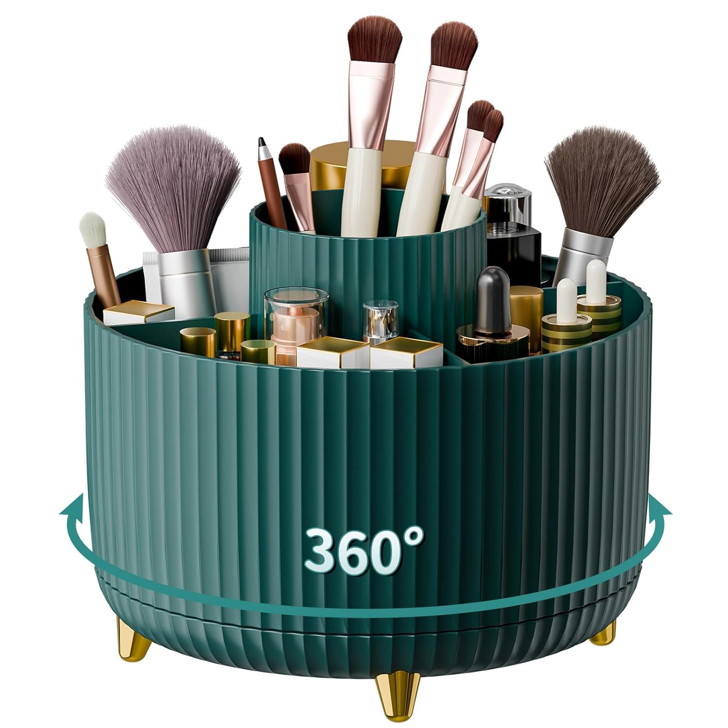 INKULTURE 360° Rotating Makeup Brush Holder Organizer - Countertop Vanity Storage for Cosmetics, Skincare & Beauty Tools | Green Cosmetic Brush Stand for Bathroom, Dressing Table & Desktop | Perfect for Makeup Artists & Beauty Enthusiasts