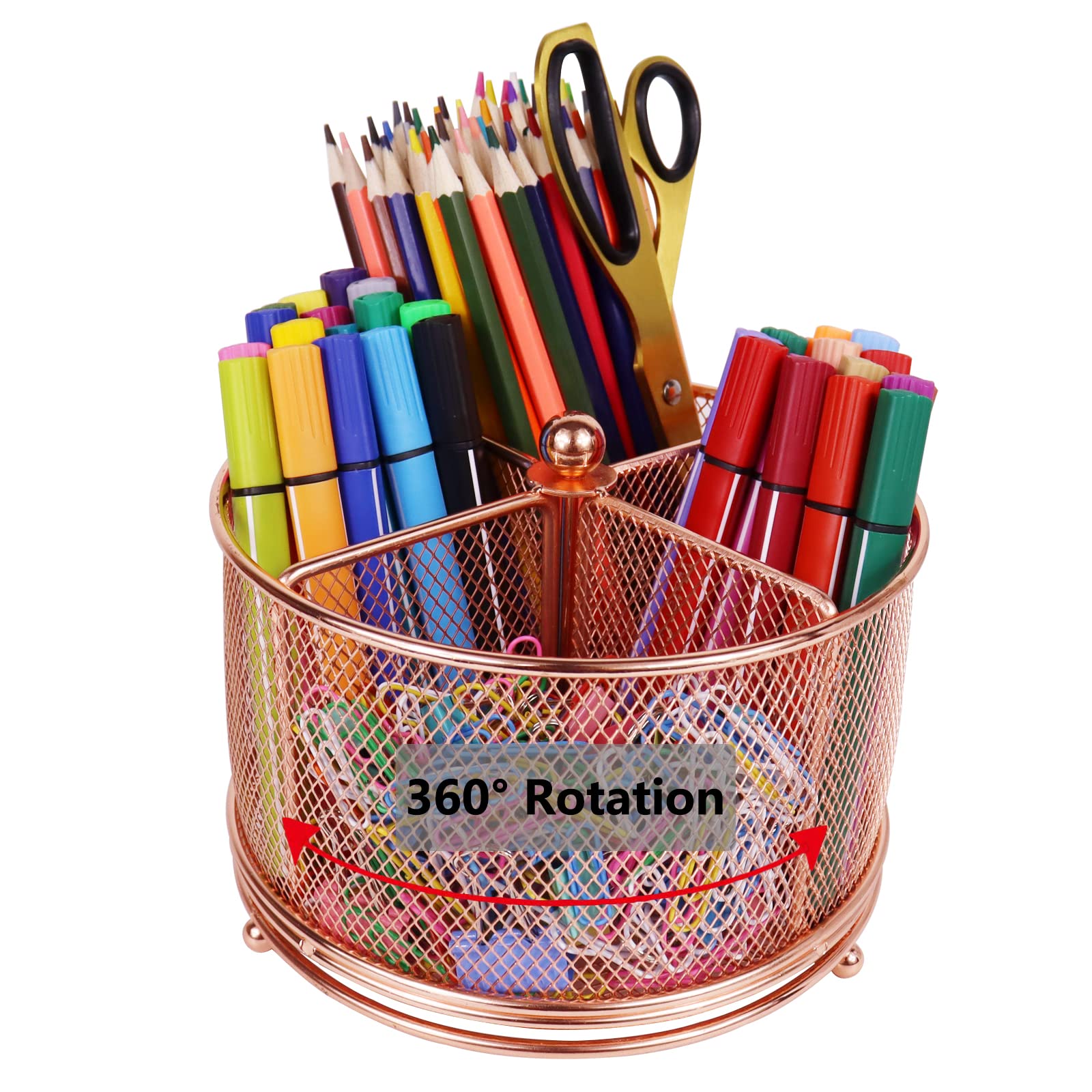 Rose Gold Mesh Rotating Pen Holder - 4 Compartment Desk Organizer for Pencils, Markers & Office Supplies - Large Capacity Stationery Storage for Women, Kids, Students & Teachers - Perfect for Home Office, School & Workspace Organization