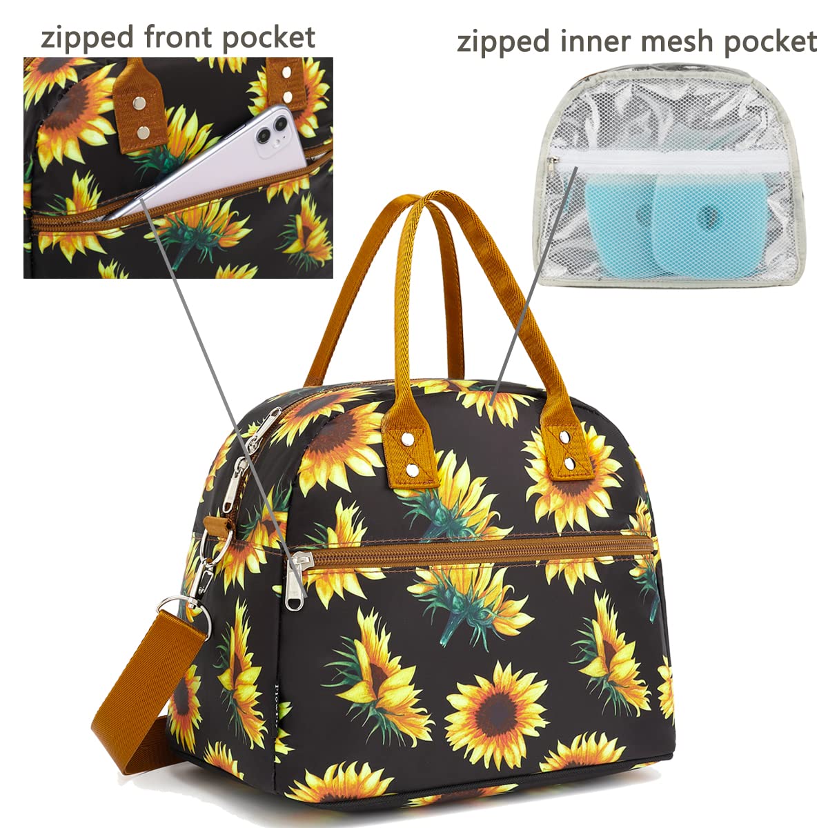 FlowFly Insulated Lunch Bag with Shoulder Strap - Large Reusable Freezable Cooler Tote for Women, Men & Kids - Perfect for Work, School, Travel & Meal Prep - Sunflower Design