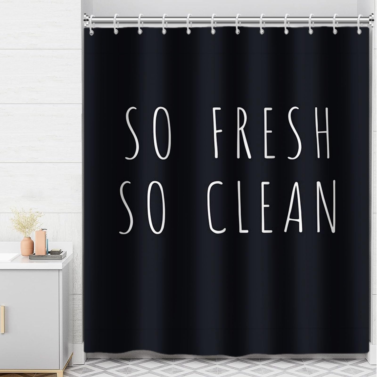 Yeele Black Waterproof Polyester Shower Curtain - Funny 'SO Fresh SO Clean' Letter Design - Modern Unique Bathroom Decor with Hooks (69x70 inches) - Perfect for Bathroom, Dorm, or Apartment Shower
