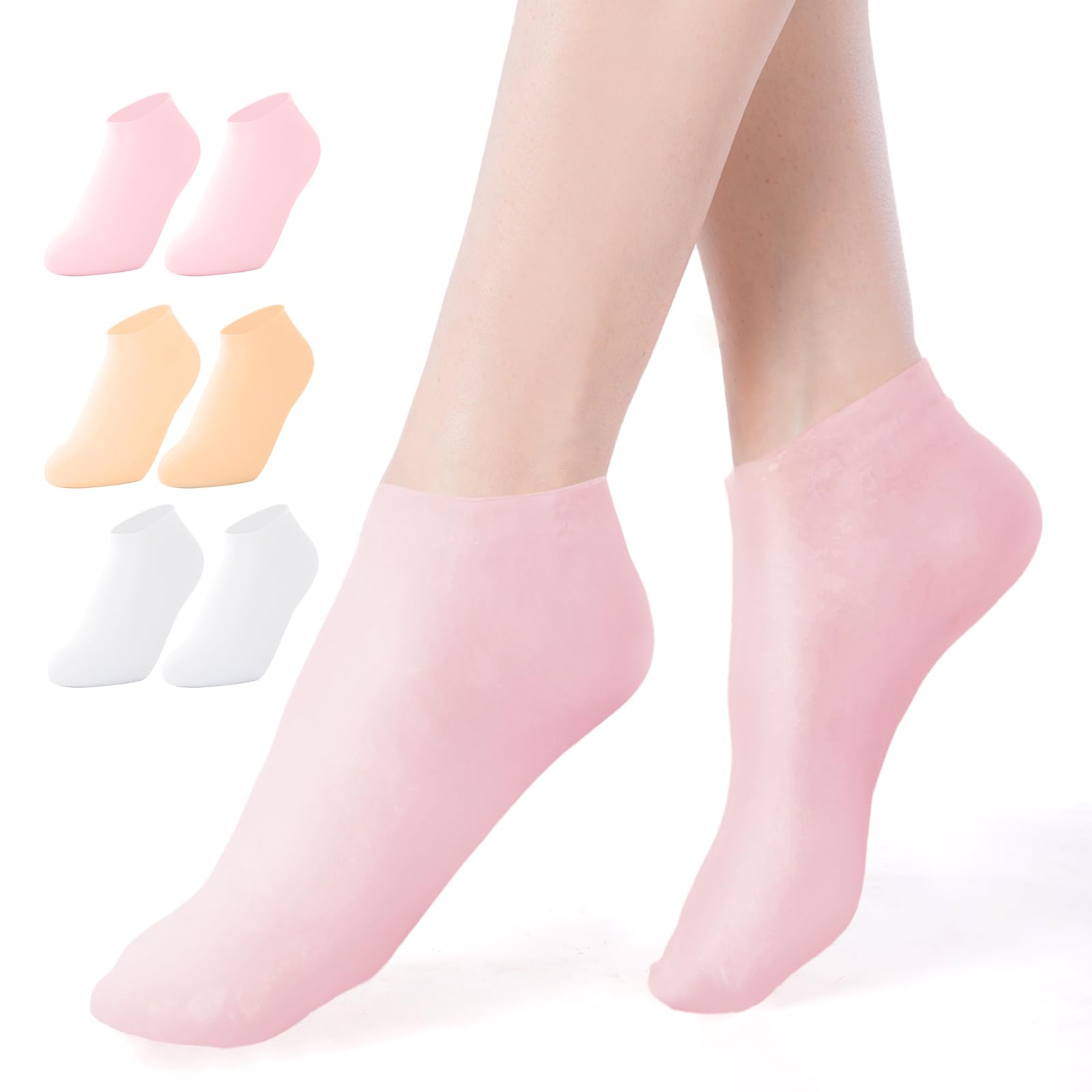NOVAYARDTM Silicone Moisturizing Socks for Dry Cracked Feet - Anti-Slip Gel Foot Care Socks (3 Pairs: Pink, Nude & White, XL) - Perfect for Overnight Foot Treatment, Pedicure & Cracked Heel Recovery
