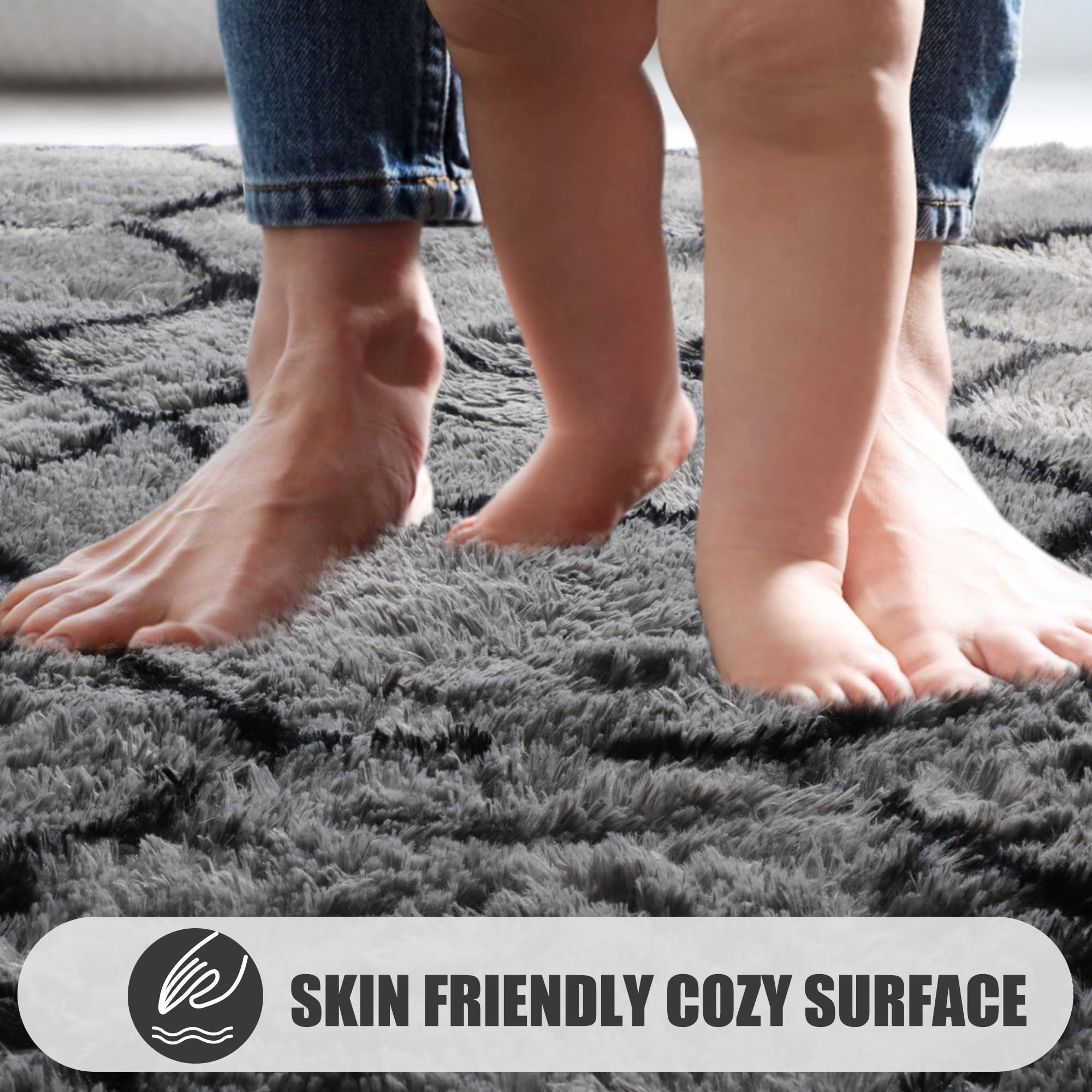 ONASAR 8x10 Fluffy Shaggy Area Rug - Soft Plush Geometric Boho Carpet for Living Room, Bedroom, Nursery, Kids Room, Playroom & Dorm Decor - Machine Washable Grey and Black Fuzzy Floor Mat (Perfect for Cozy Home, Classroom & Office Spaces)