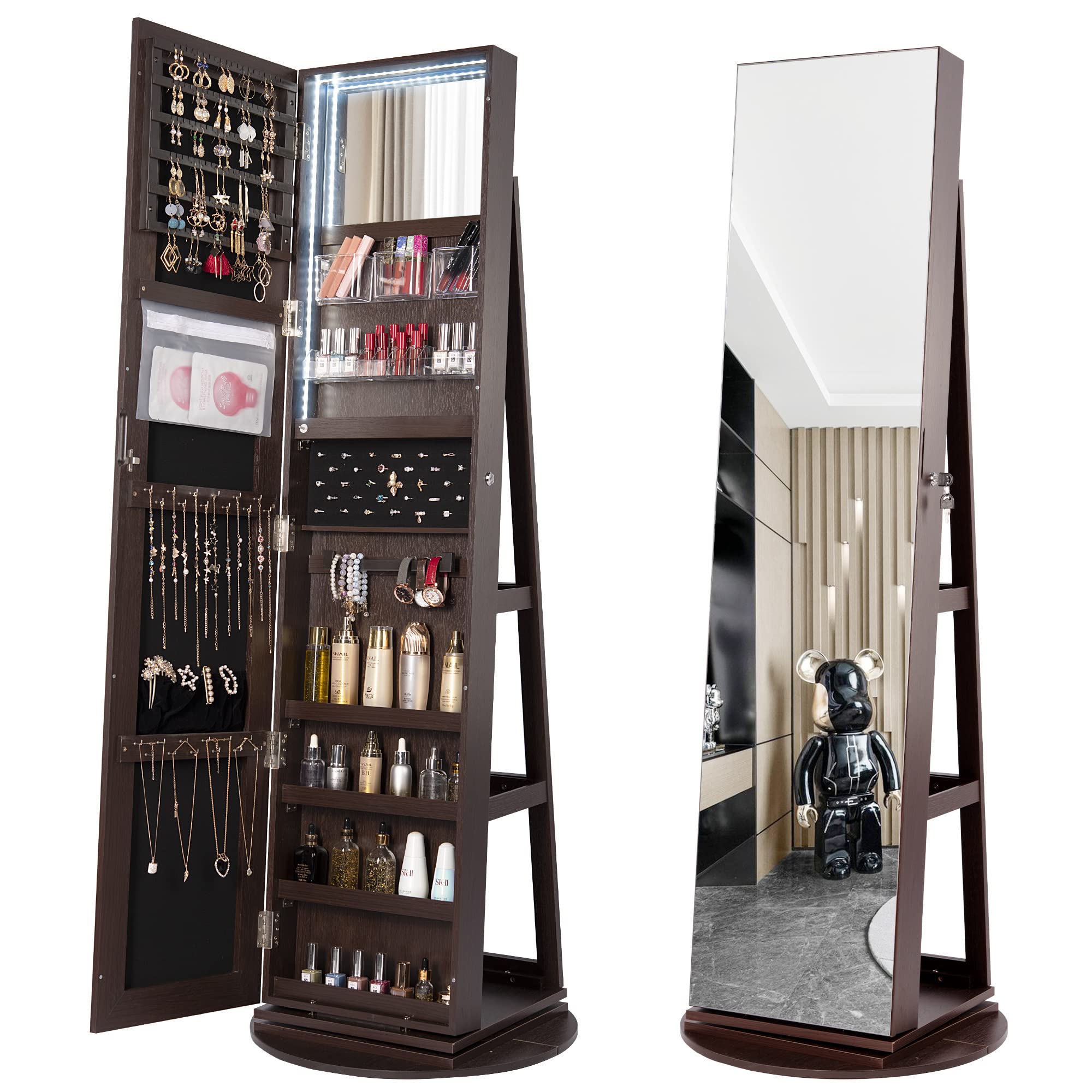 Kasibie Full Length Mirror Jewelry Cabinet with 360° Swivel - Standing Mirror with Jewelry Storage & LED Lights - Lockable Jewelry Organizer (Brown) - Perfect for Bedroom, Dressing Room & Closet Organization