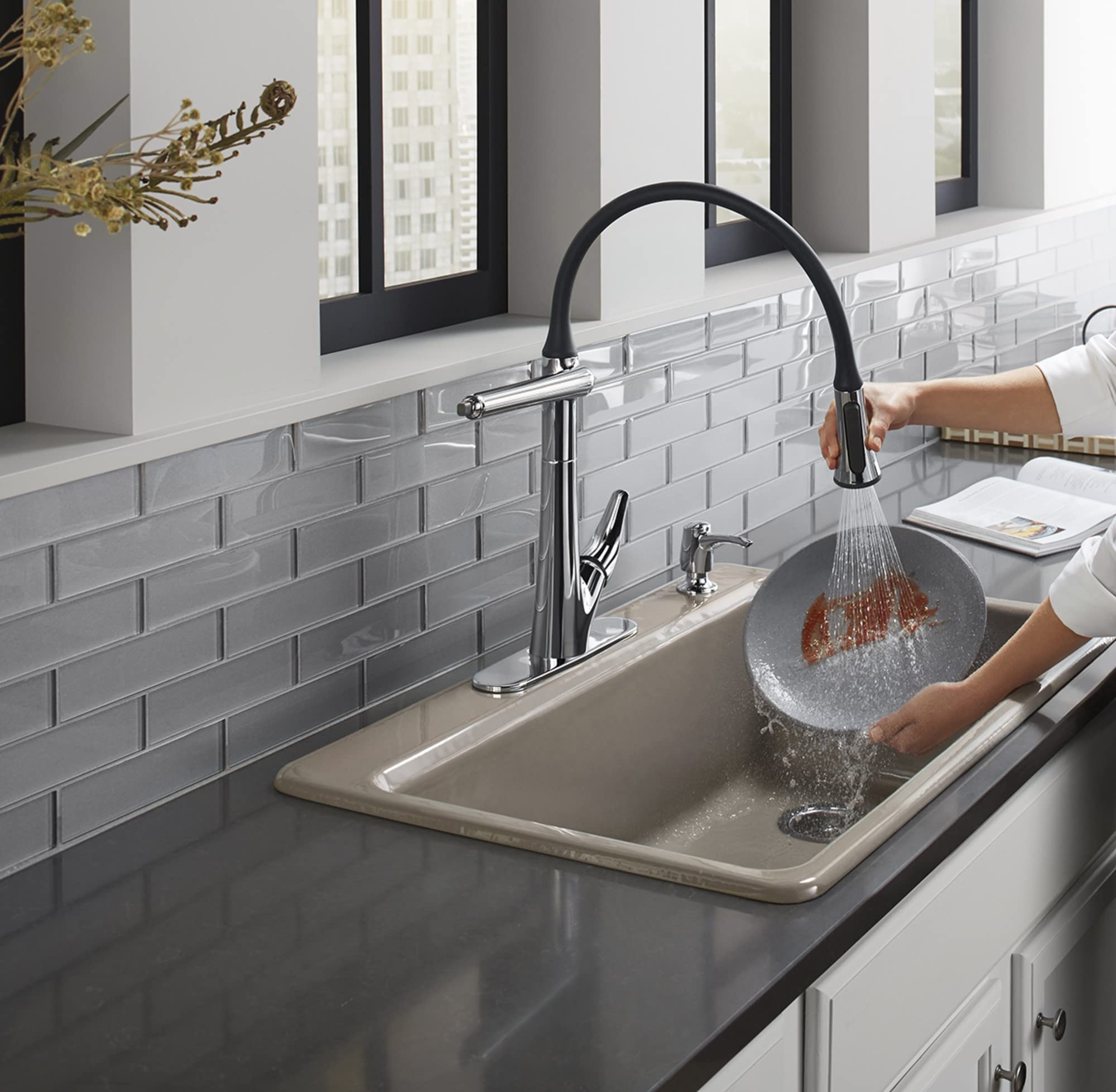 KOHLER R77764-SD-CP Arise Articulating Pull Down Kitchen Faucet with Sprayer & Soap Dispenser - Polished Chrome - Modern Kitchen Sink Faucet for Easy Dishwashing & Food Prep