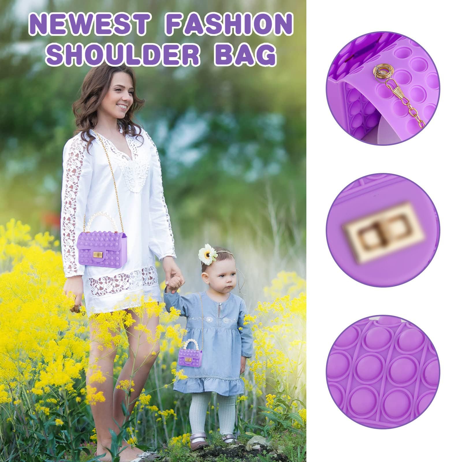 Ainiv Pop It Fidget Toys - 2 in 1 Push Bubble Sensory Bag, Fashion Pearl Purse for Women & Girls, Small 12x9x5cm, Purple - Stress Relief & Sensory Play for Kids, Adults, Autism, ADHD, Office & Travel Use