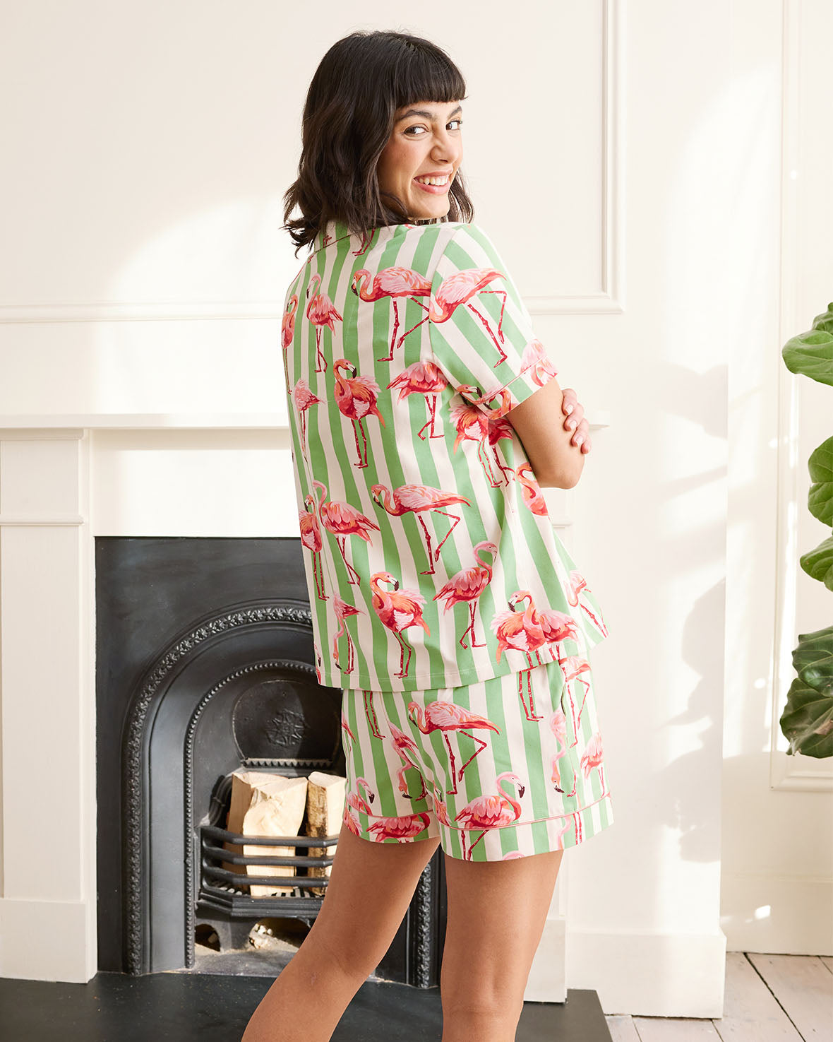 Organic Cotton Flamingo Stripe Short Pajama Set for Women - Soft & Breathable Summer Sleepwear - Perfect for Lounging, Vacation & Hot Weather Nights