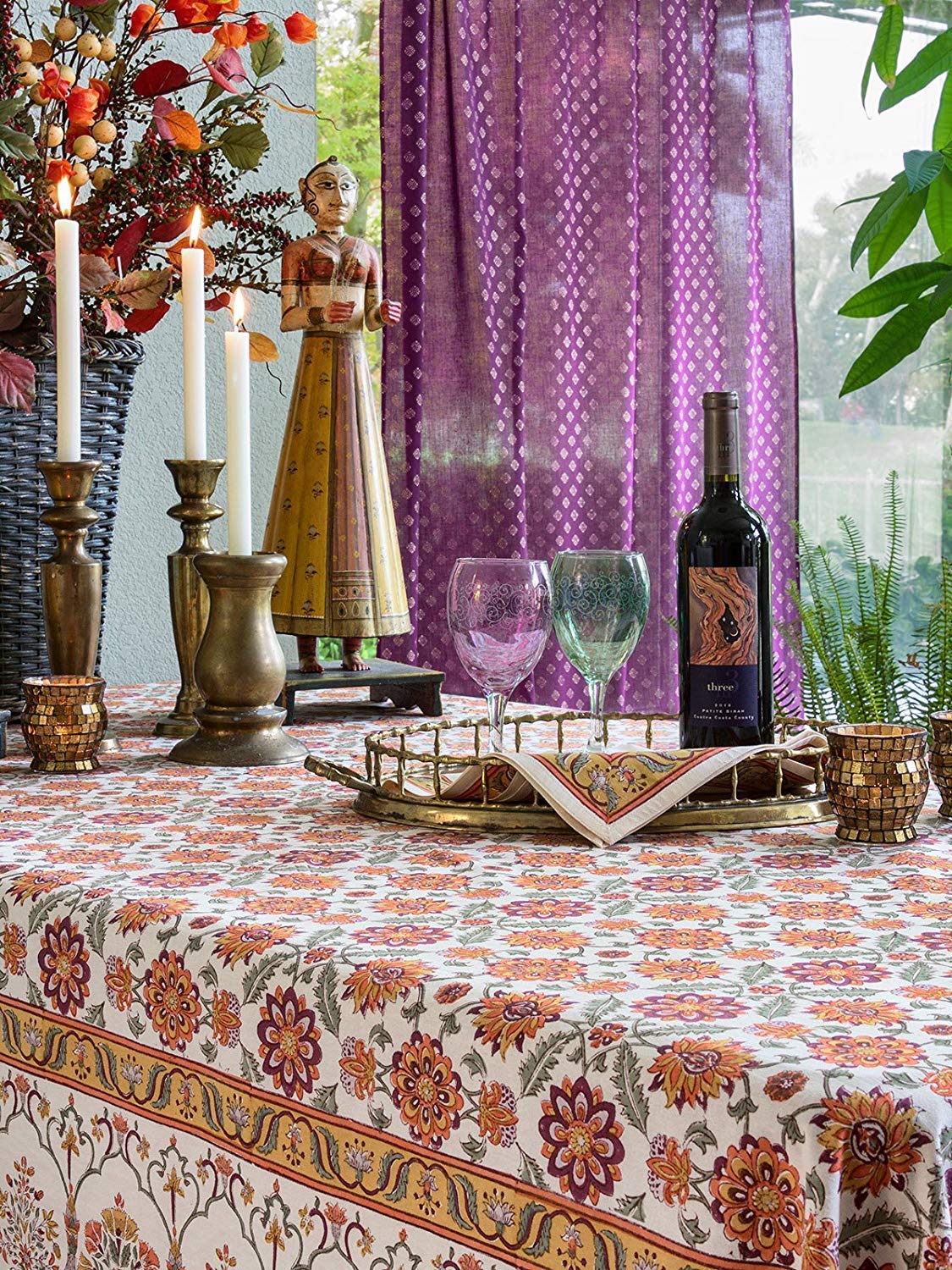 Orange Blossom Hand Block Printed Cotton Tablecloth - 100% Luxurious Washable Fabric, 70x108 Inches Rectangle Table Cover for Kitchen, Dining & Coffee Tables - Perfect for Home Decor, Parties & Everyday Use