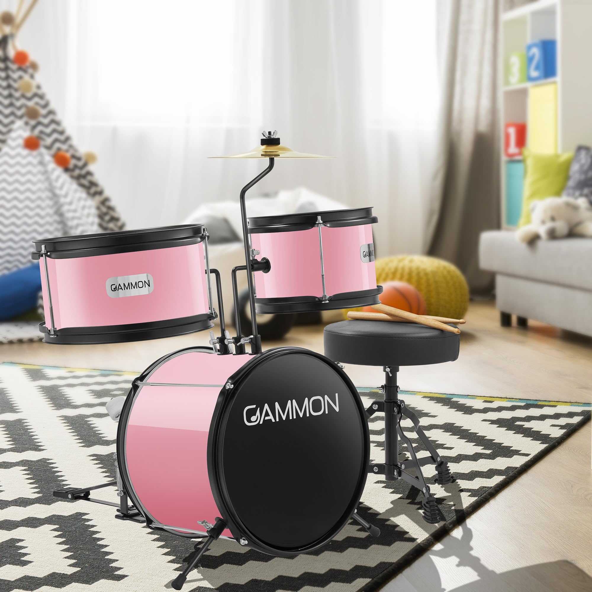 Gammon 3-Piece Junior Drum Set with Throne - Pink, Complete Beginner Drum Kit with Bass Drum, Toms, Cymbal, Pedal & Drumsticks | Perfect for Kids, Teens & Beginners Learning to Play Drums at Home or School