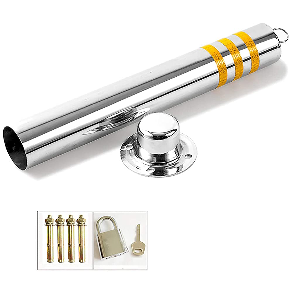 2X Heavy Duty Stainless Steel Parking Bollards - Driveway Security Posts with Hanging Ring & Reflective Tape - Removable Base for Easy Installation - Ideal for Parking Lots, Garages, and Commercial Properties