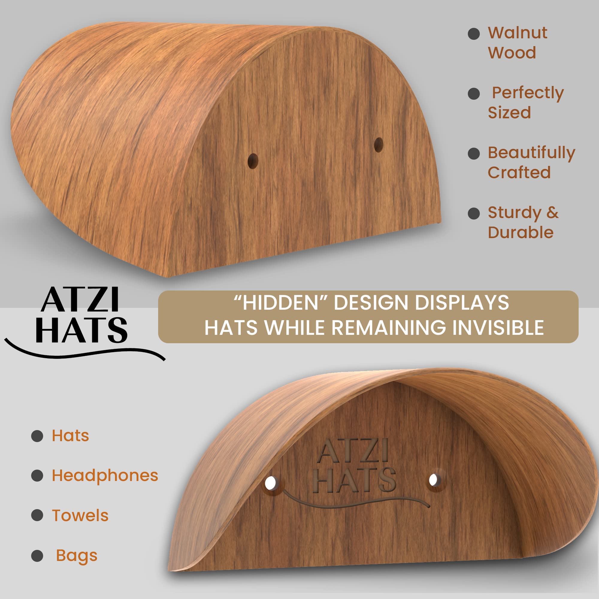 2 Pack Walnut Wood Wall Mounted Hat Hanger - Cowboy, Baseball, Fedora & Trucker Hat Organizer with Minimalist Design | Perfect for Western Décor, Entryway Storage & Hat Display Rack (Also Holds Headphones & Towels)