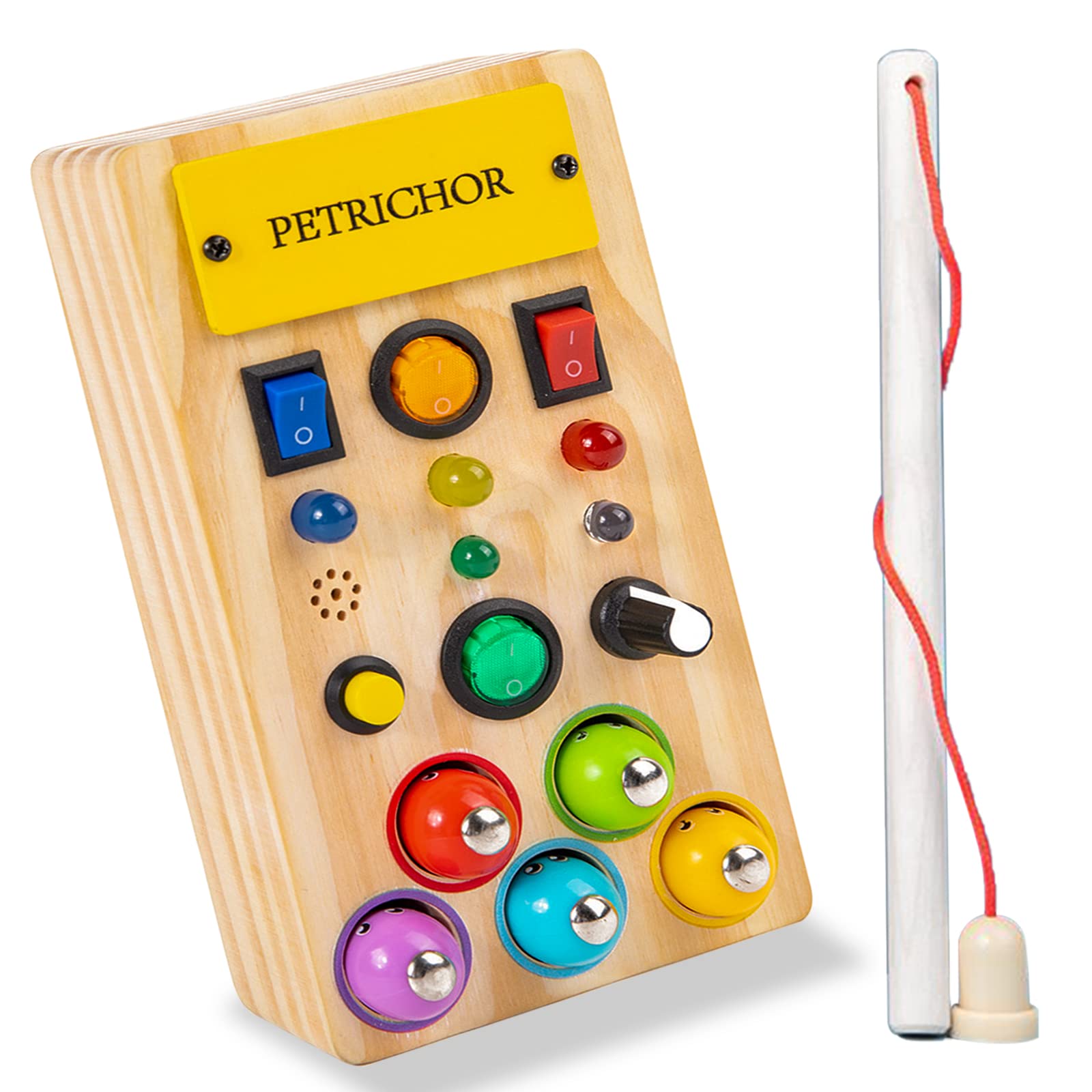 LED Light Busy Board - Montessori Sensory Toy with Toggle Switch, Fidget Toys for Toddlers, Fishing Game & Sound Knob - Handmade Wooden Travel Activity Board for 1 2 3 4 Year Old Boys & Girls - Perfect for Airplane, Car Rides & Quiet Playtime