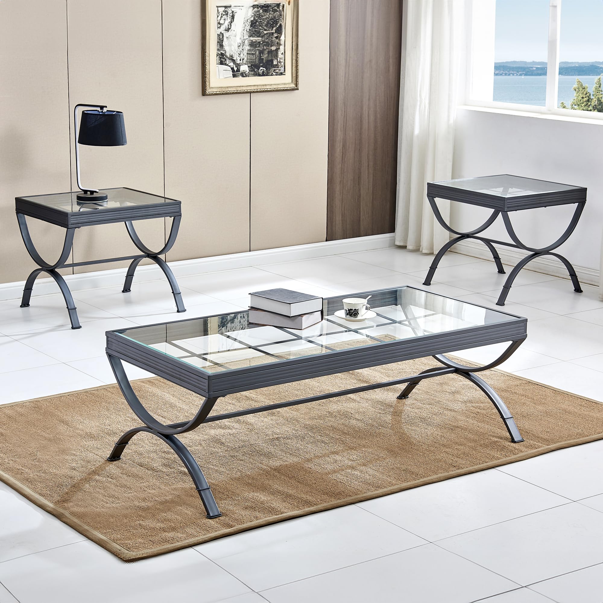 Steve Silver Emerson 3-Piece Iron Living Room Set – Transitional Style with Windowpane Glass Top & Tempered Glass – Includes Cocktail Table & 2 End Tables (52