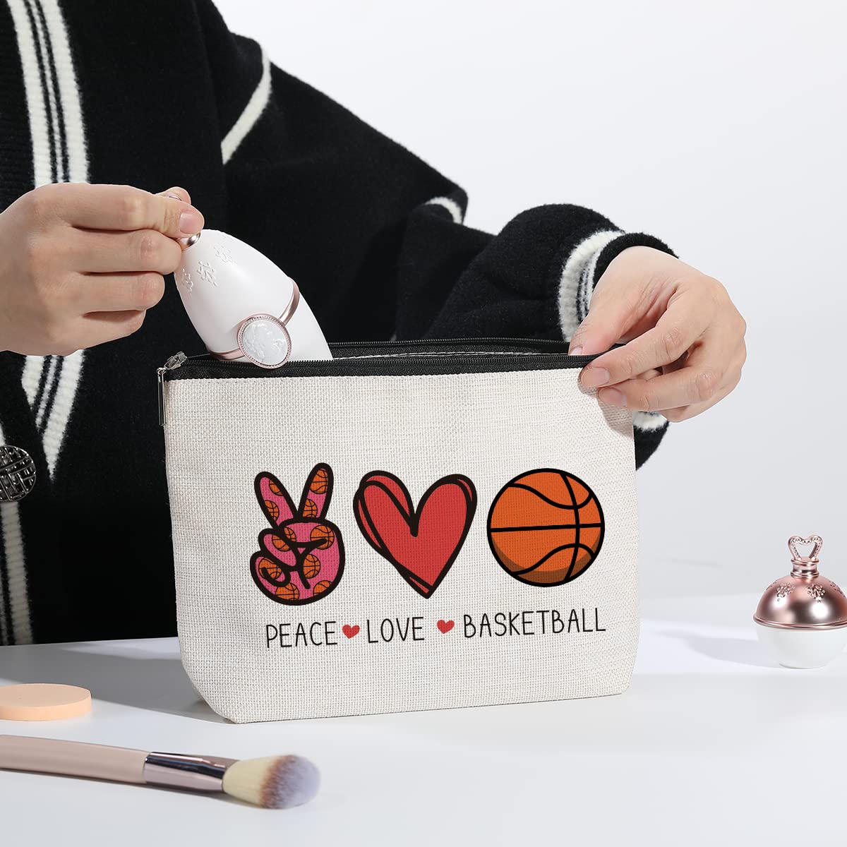 Basketball Gifts for Women - Coach Birthday & Christmas Presents for Basketball Fans, Players & Team - Peace Love Basketball Makeup Bag - Perfect for Sports Enthusiasts, Basketball Moms & Game Day Essentials