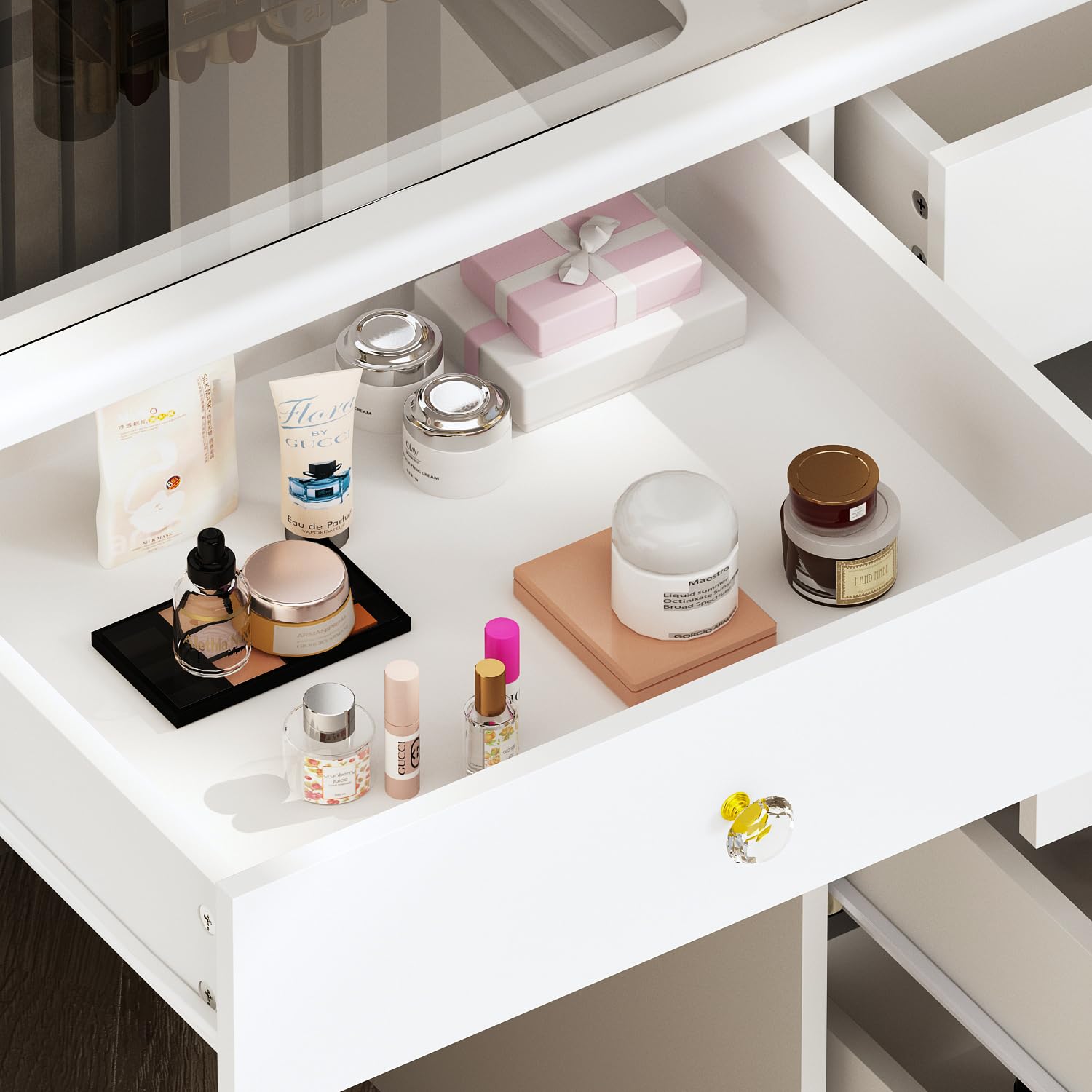 Homsee Modern Vanity Desk with 3 Mirrors & LED Lights - Adjustable Brightness, Glass Top, Hidden Storage & Drawers - White Makeup Dressing Table for Bedroom, Salon, or Beauty Studio