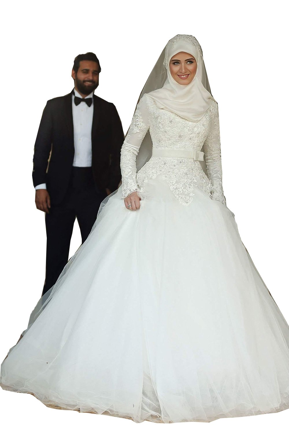 Elegant Vintage High Neck Lace Wedding Dress for Women - Long Sleeve Modest Muslim Bridal Gown - Perfect for Church, Beach, and Formal Wedding Ceremonies