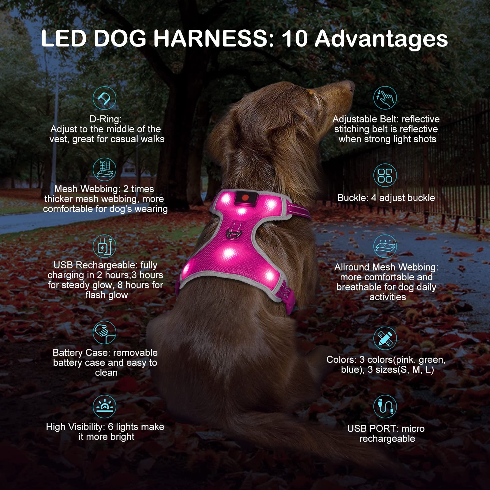 LED Dog Harness with Rechargeable Lights - Reflective Adjustable Puppy Vest for Small Dogs, Night Walking Safety Gear with Light Up Collar (Pink, Small) - Perfect for Evening Walks, Jogging & Outdoor Adventures