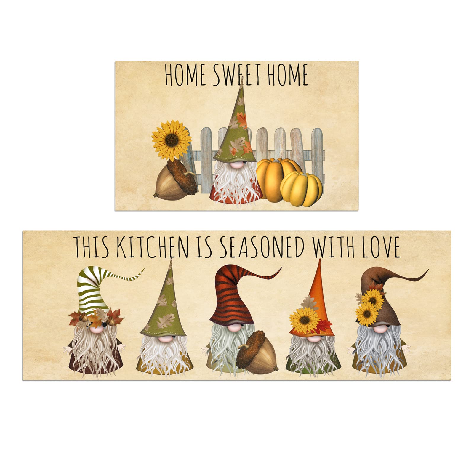 Non-Slip Fall Gnome Kitchen Mat Set - 2 Thick Rugs for Sink & Laundry