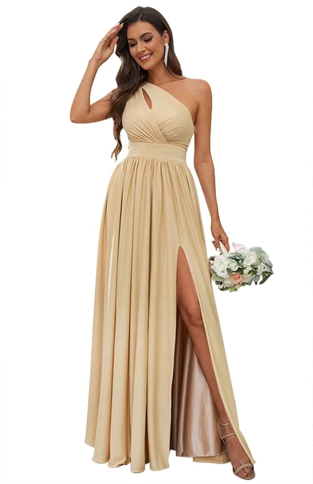 Elegant One Shoulder Long Chiffon Bridesmaid Dress with High Slit & Pleated Detail - Perfect for Prom, Evening Gala, Wedding Party & Special Occasions
