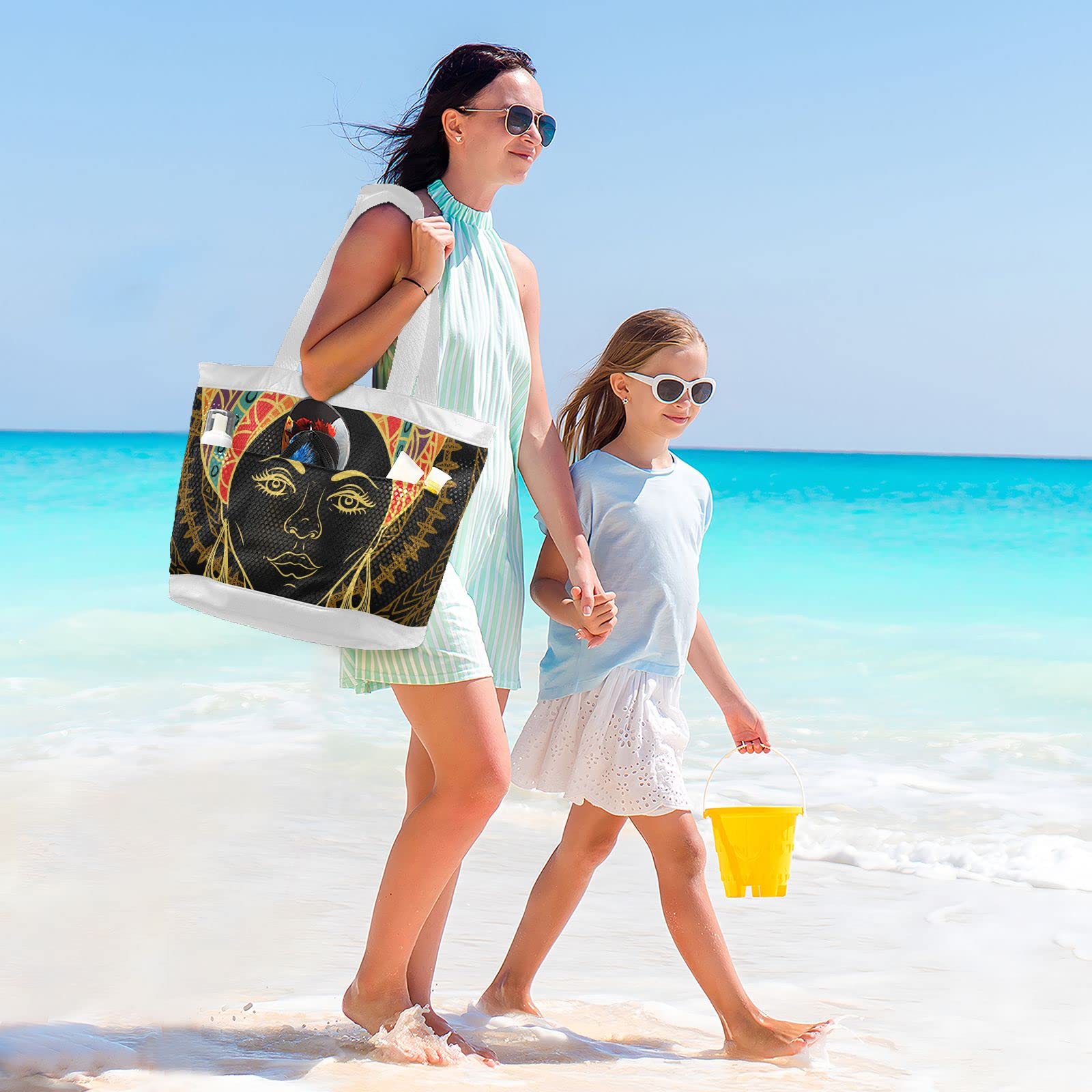J JOYSAY African Print Mandala Mesh Beach Tote Bag - Large Waterproof Sandproof Beach Bag for Women, Travel, Pool & Vacation - Perfect for Carrying Toys, Towels & Essentials to Beach, Park & Picnic