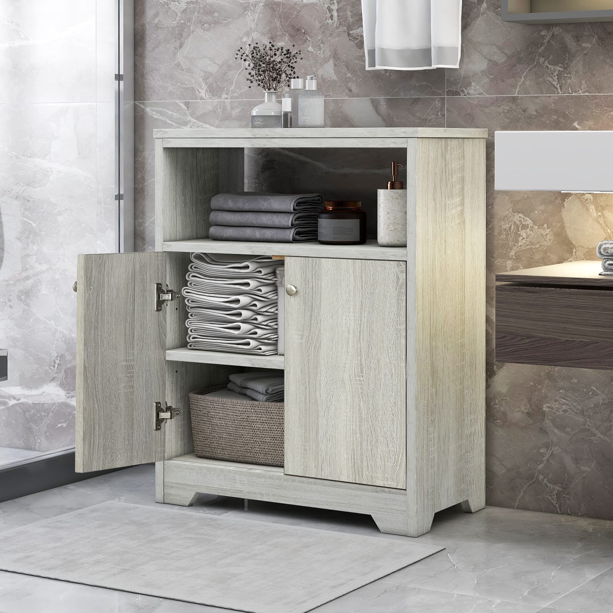 Freestanding Adjustable Bathroom Storage Cabinet with Shelf - Easy Assemble Oak Floor Cabinet for Home, Kitchen & Bathroom Organization - Perfect for Small Spaces, Apartments & Vanity Storage