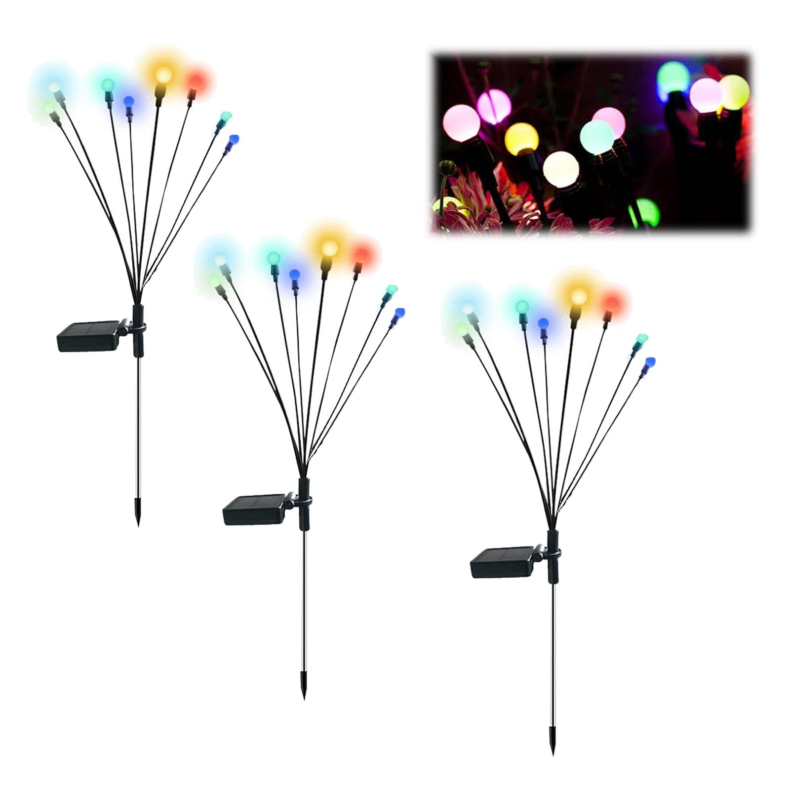 Solar Powered Firefly Lights Outdoor Waterproof - 8LED Colorful Solar Starburst Swaying Garden Lights (3pcs) - Wind-Activated Decorative String Lights for Patio, Yard, and Garden Decor
