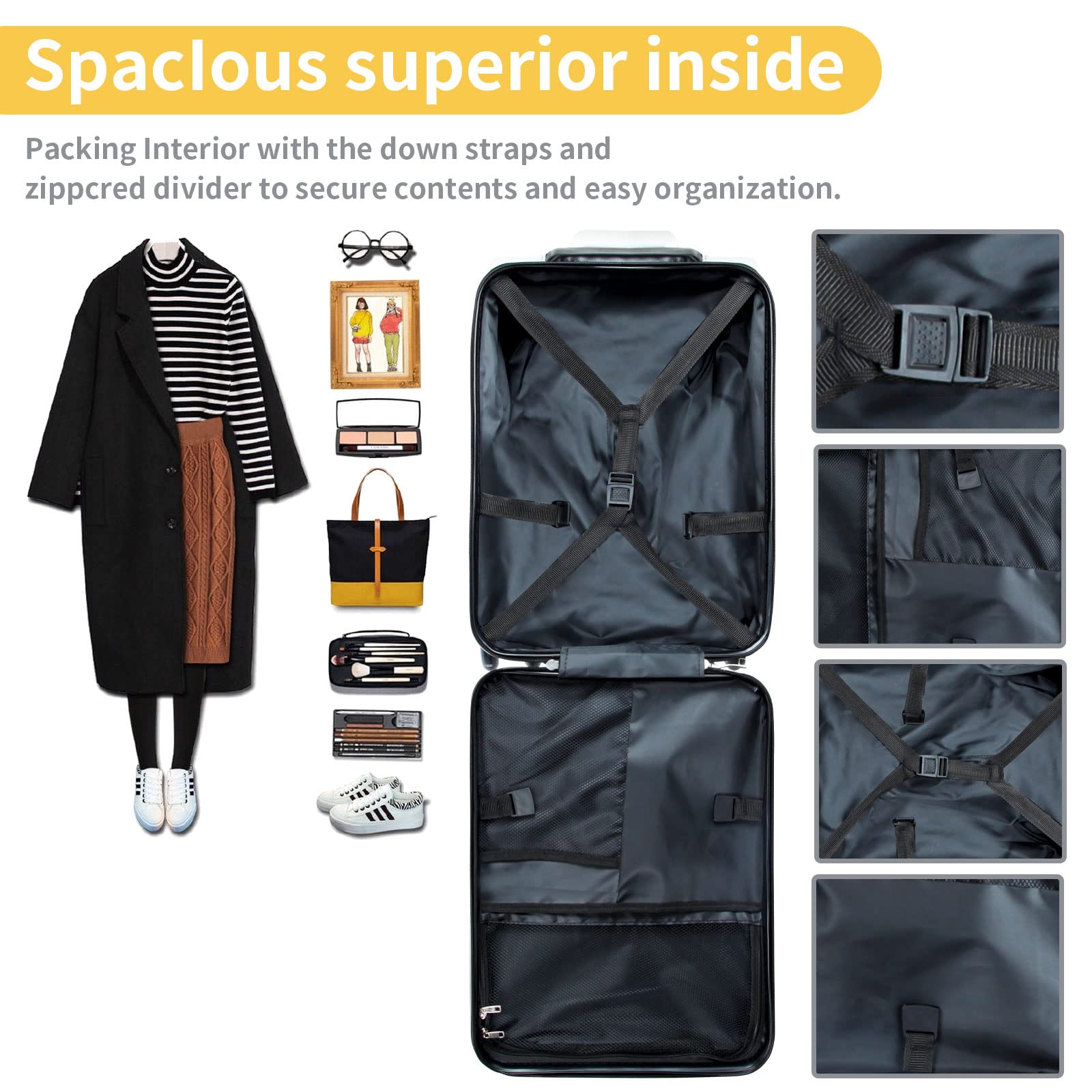 LemoHome 20 Inch Expandable Hardside Spinner Luggage with Child Seat - Lightweight Carry On Suitcase for Women & Men Travel - Black & White Visor Design - Perfect for Family Trips, Business Travel & Airplane Use