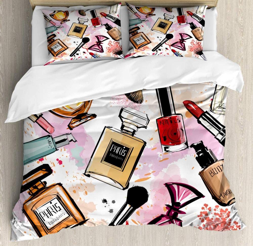 Stylish Perfume & Lipstick Print Duvet Cover Set - Queen, California King, Twin, Full Size 3-Piece Bedding Set with Pillowcases for Women & Girls | Perfect for Teen Bedrooms, Dorm Decor, and Gift Ideas
