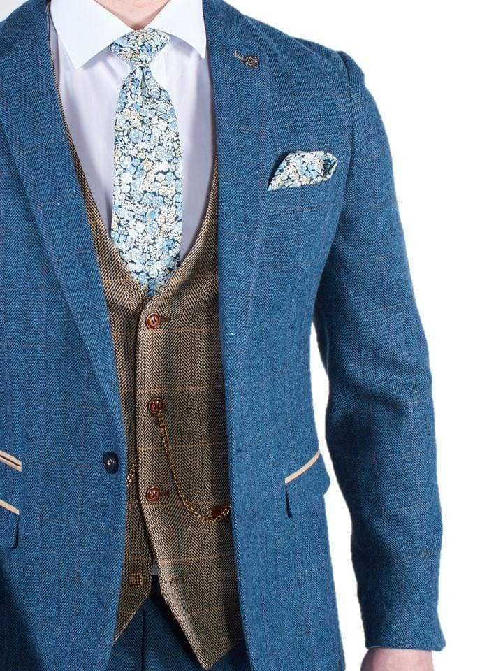 Marc Darcy Blue Tweed 3-Piece Wedding Suit with Brown Waistcoat | Formal Groom Attire for Weddings, Prom & Special Occasions