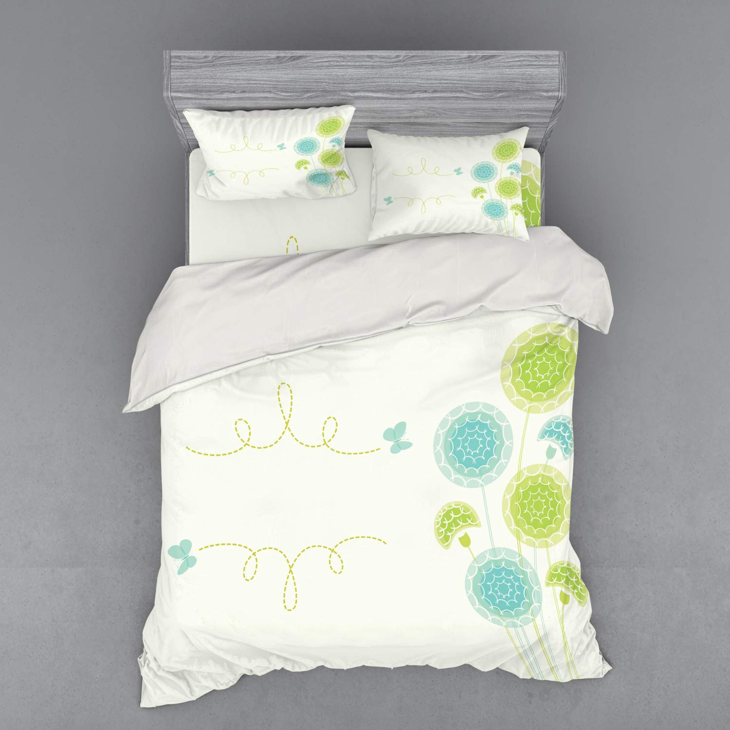 Ambesonne Queen Size Duvet Cover Set - 4 Piece Hand Drawn Dandelion Floral Bedding with Butterflies, Swirl Lines & Circles in Sky Blue, Pale Green & Cream | Soft & Breathable Cotton Blend | Perfect for Spring & Summer Bedroom Decor, Guest Rooms or Bohemian Style Homes