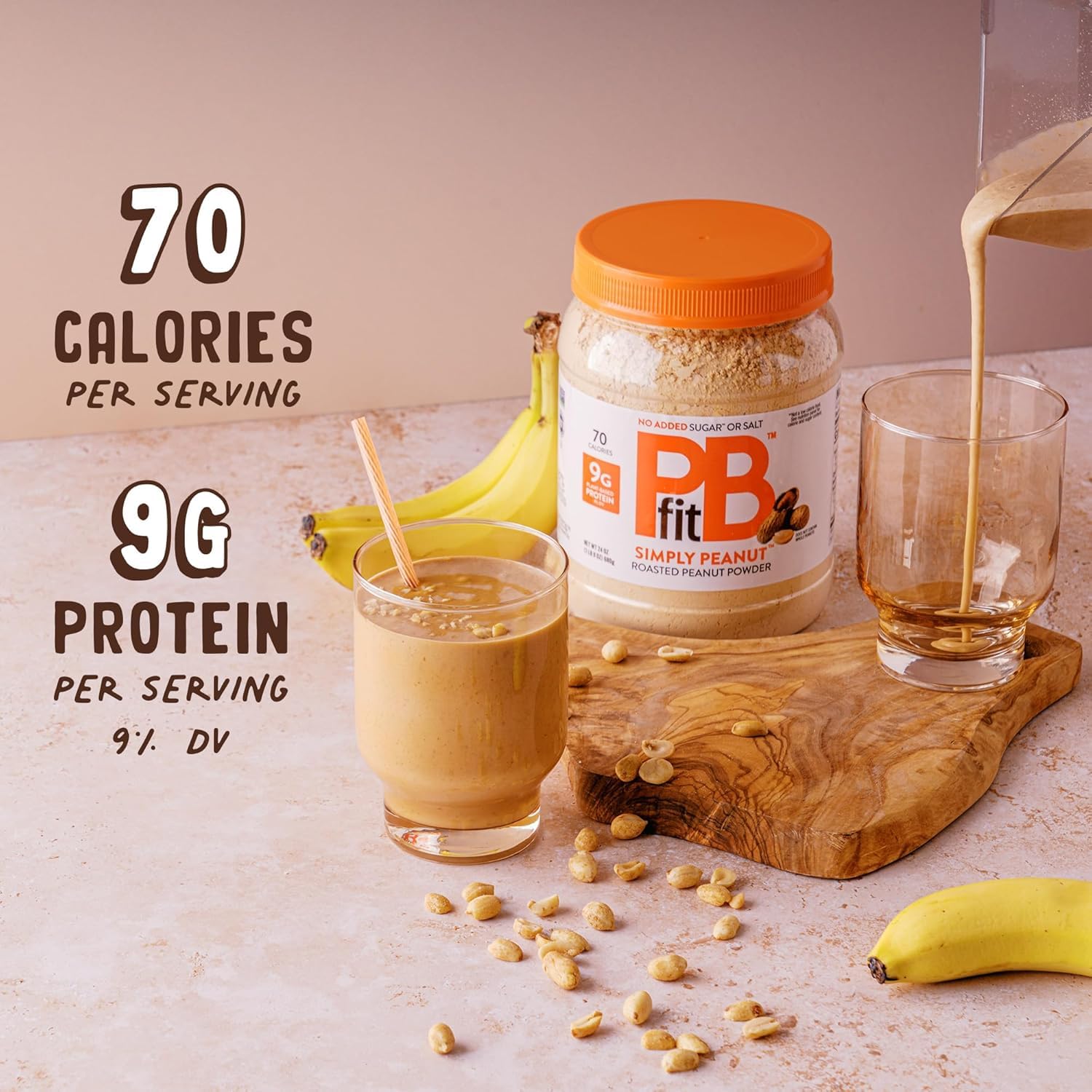 PBfit 24oz Natural Peanut Powder - No Added Sugar, Salt, Non-GMO, Gluten-Free, Vegan Protein Powder with 9g Protein (9% DV) - Perfect for Smoothies, Baking & Healthy Snacks