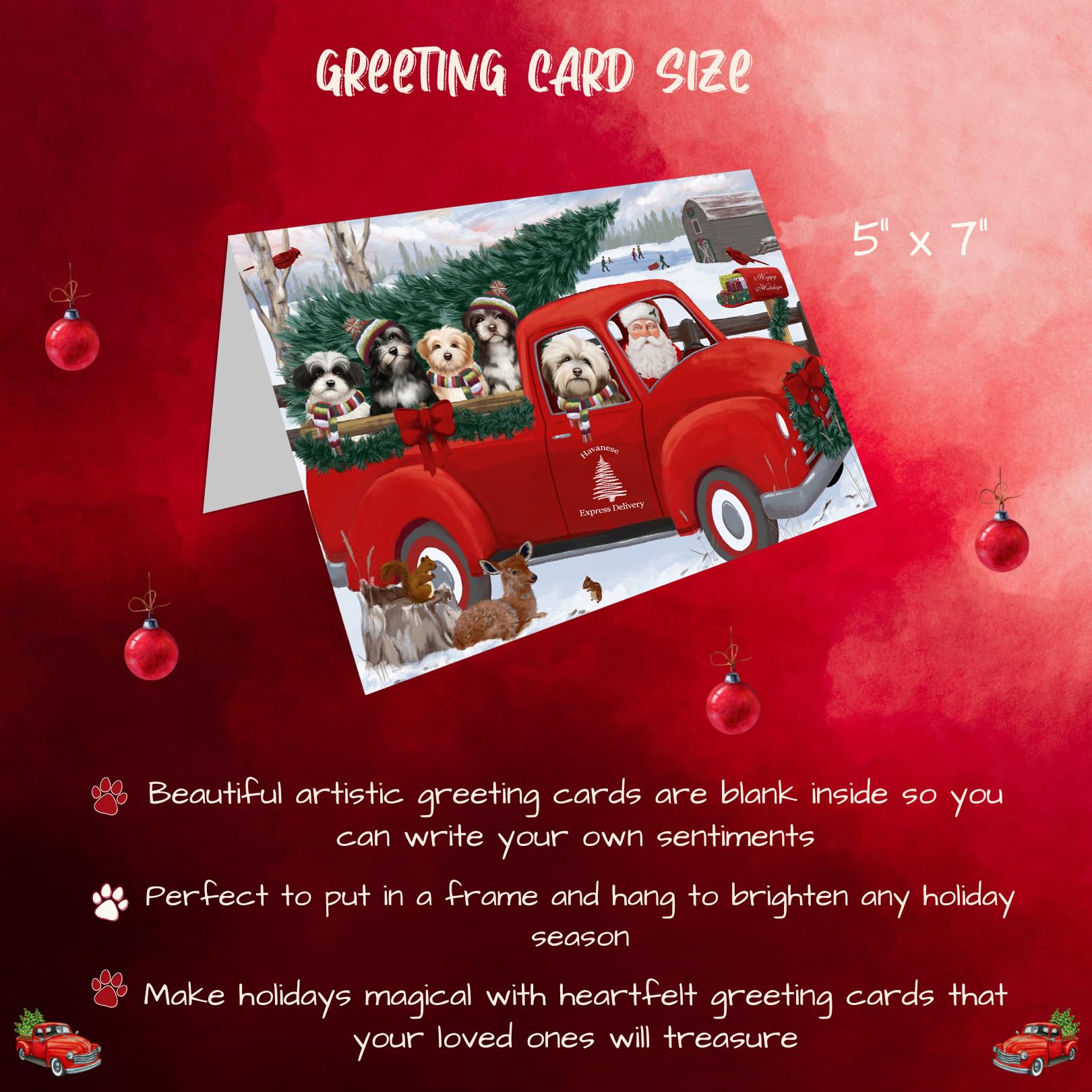 Christmas Santa Express Delivery Red Truck Havanese Dog Greeting Cards - 10 Adorable Pet Invitation Cards with Envelopes - Festive Pet Artwork Holiday Cards GCD68957 for Dog Lovers & Christmas Celebrations
