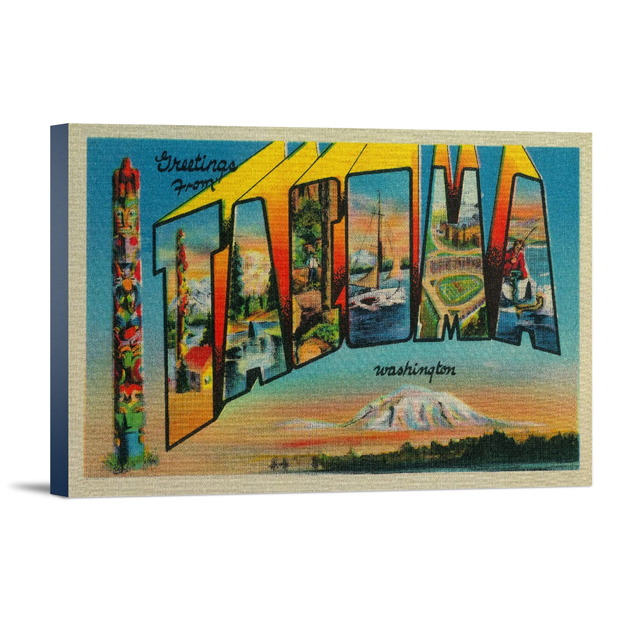 Lantern Press Greetings From Tacoma WA - 16x24 Wrapped Canvas Wall Art Decor - Pacific Northwest Landscape Painting - Perfect for Living Room, Bedroom & Office Decor