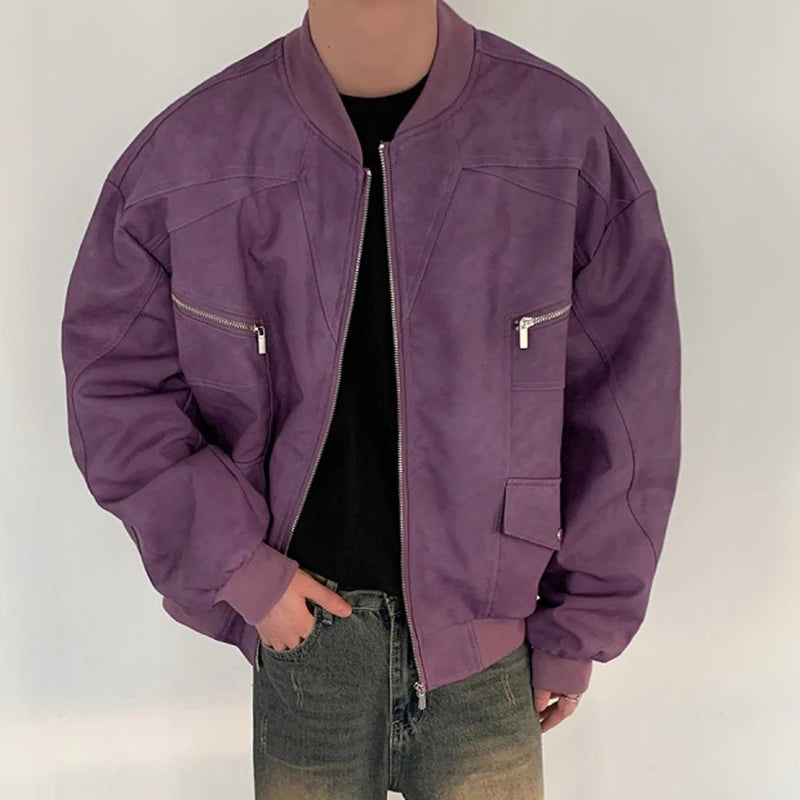 American Style Men's PU Leather Jacket - Casual Patchwork Zipper Coat, Solid Color Loose Fit Male Outerwear (Winter 2024 Fashion) for Streetwear & Daily Outfits | Model 9C6885