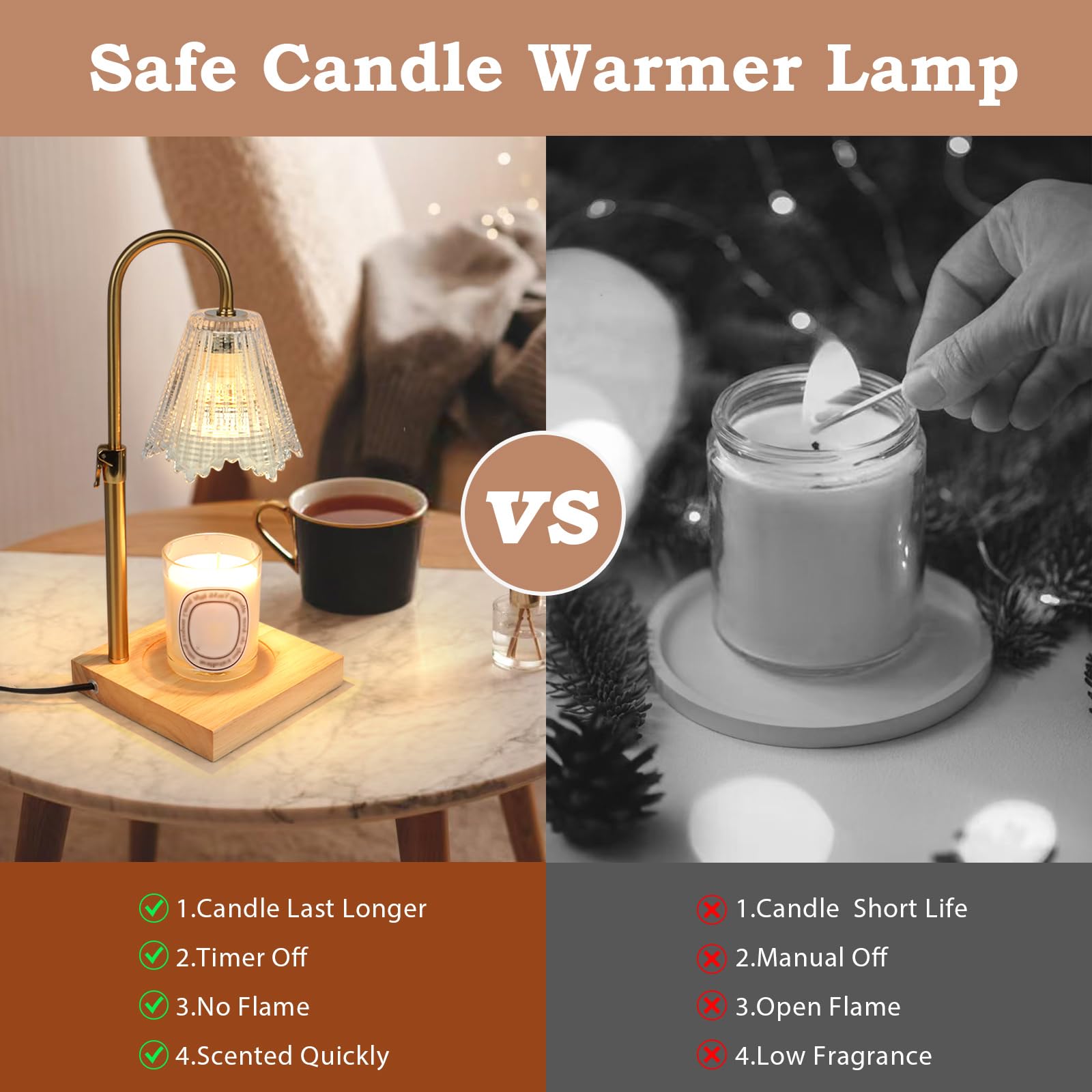 Electric Candle Warmer Lamp with Timer & Dimmer - Adjustable Height, Auto Shut-Off, Includes 2 Bulbs - Flameless Wax Melt Warmer for Home Decor, Gifts, Scented Jar Candles - Perfect for Bedroom, Living Room, Office Aromatherapy