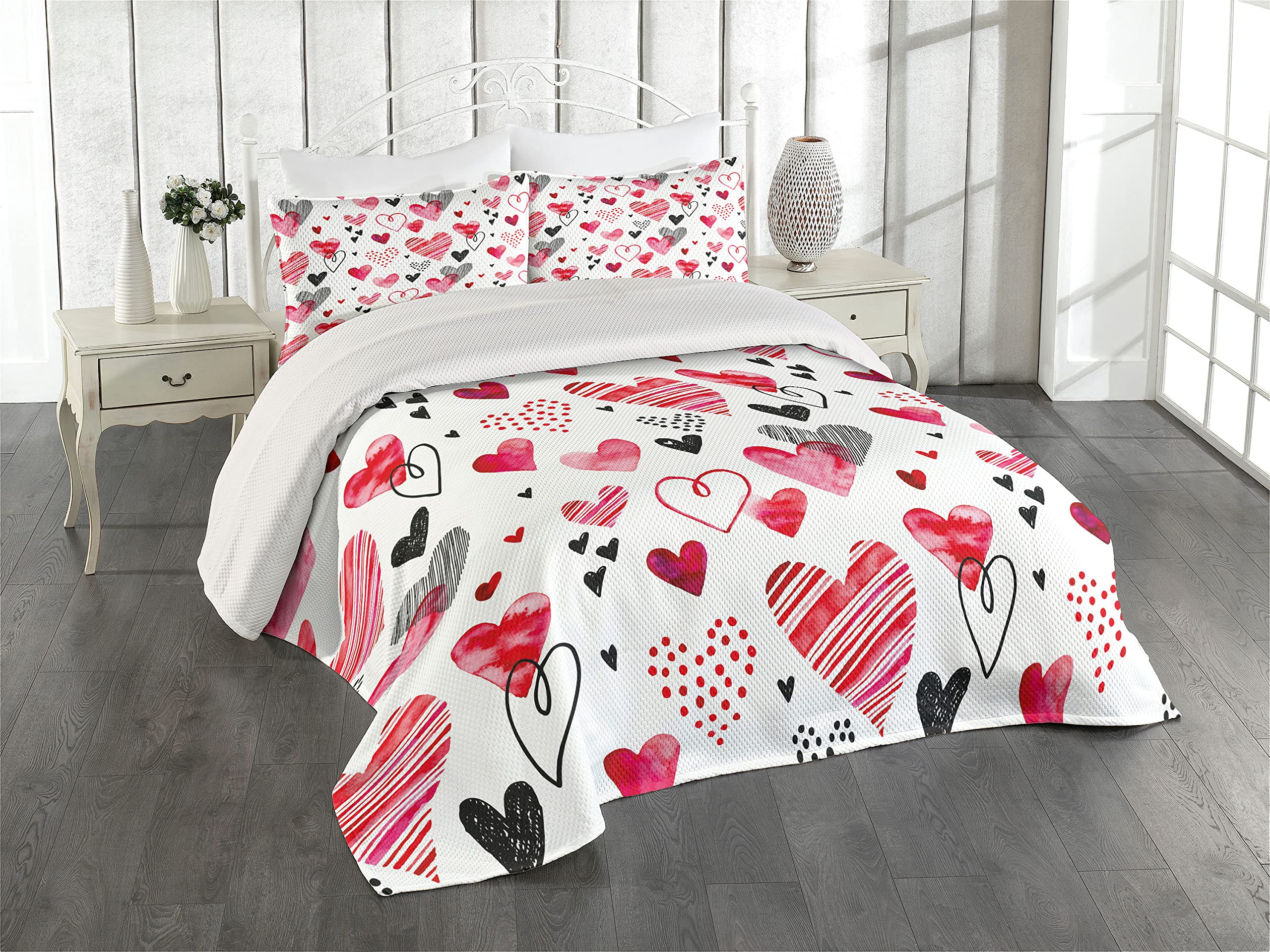 Ambesonne Valentine Quilt Set - Romantic Watercolor Heart Design Striped Bedspread with 2 Pillow Shams, King Size Pink Black White | Perfect for Anniversary Gifts, Couples Bedroom Decor & Valentine's Day Presents