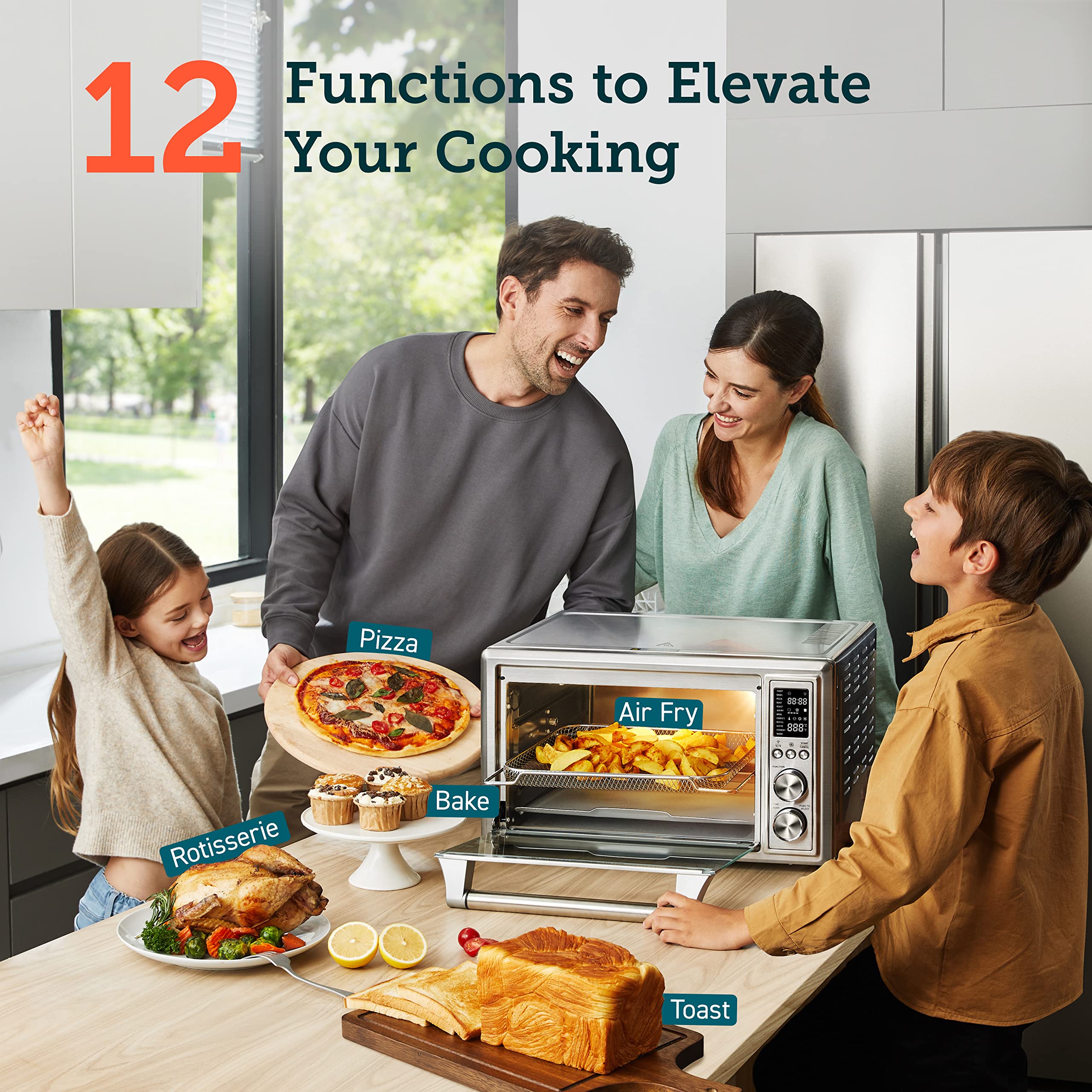 COSORI 12-in-1 Air Fryer Toaster Oven with Rotisserie - 32QT/30L Stainless Steel Countertop Convection Oven, 6-Slice Toaster, 13-inch Pizza Maker - Includes 6 Accessories (Basket, Tray) & 100 Recipes - Perfect for Baking, Roasting, and Healthy Family Meals