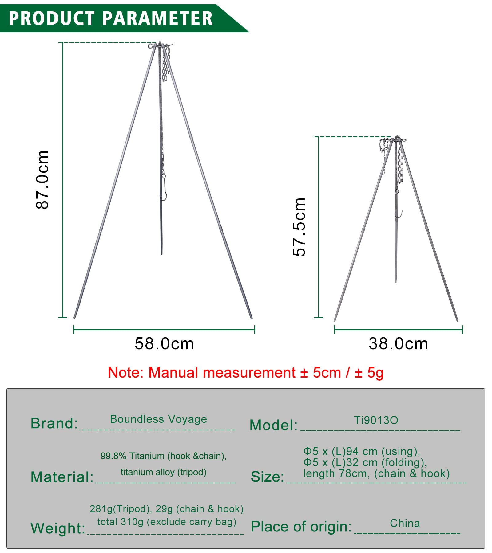 Adjustable Titanium Tripod Stand for Camping - Portable Outdoor Cookware Holder for Dutch Oven, Grill & Campfire Cooking | Perfect for Backpacking, Hiking & Wilderness Adventures (Ti9013O-Tripod)