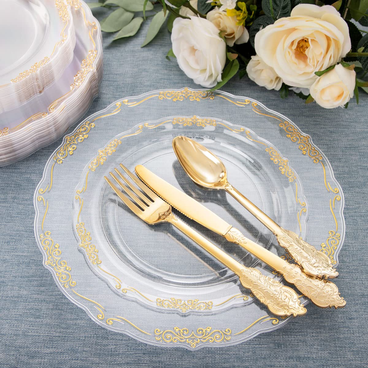 U-QE 175-Piece Gold Plastic Party Dinnerware Set - 25 Dinner Plates, 25 Dessert Plates, 25 Gold Cutlery, 25 9oz Cups & 25 Rolled Napkins - Elegant Disposable Tableware for Wedding, Birthday, Anniversary & Holiday Celebrations