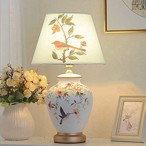 FMOGG Elegant Ceramic Table Lamp with Antique Brass Base & Embroidered Roses and Butterflies Shade - Large Cream Garden of Eden Inspired Desk Light for Bedroom, Living Room, Office Decor (Color: E/F)