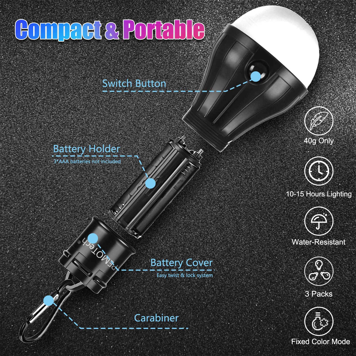 PEMOTech 3 Pack RGB Camping Lights - 7 Color Changing LED Lanterns for Tents, Hiking & Emergency Use