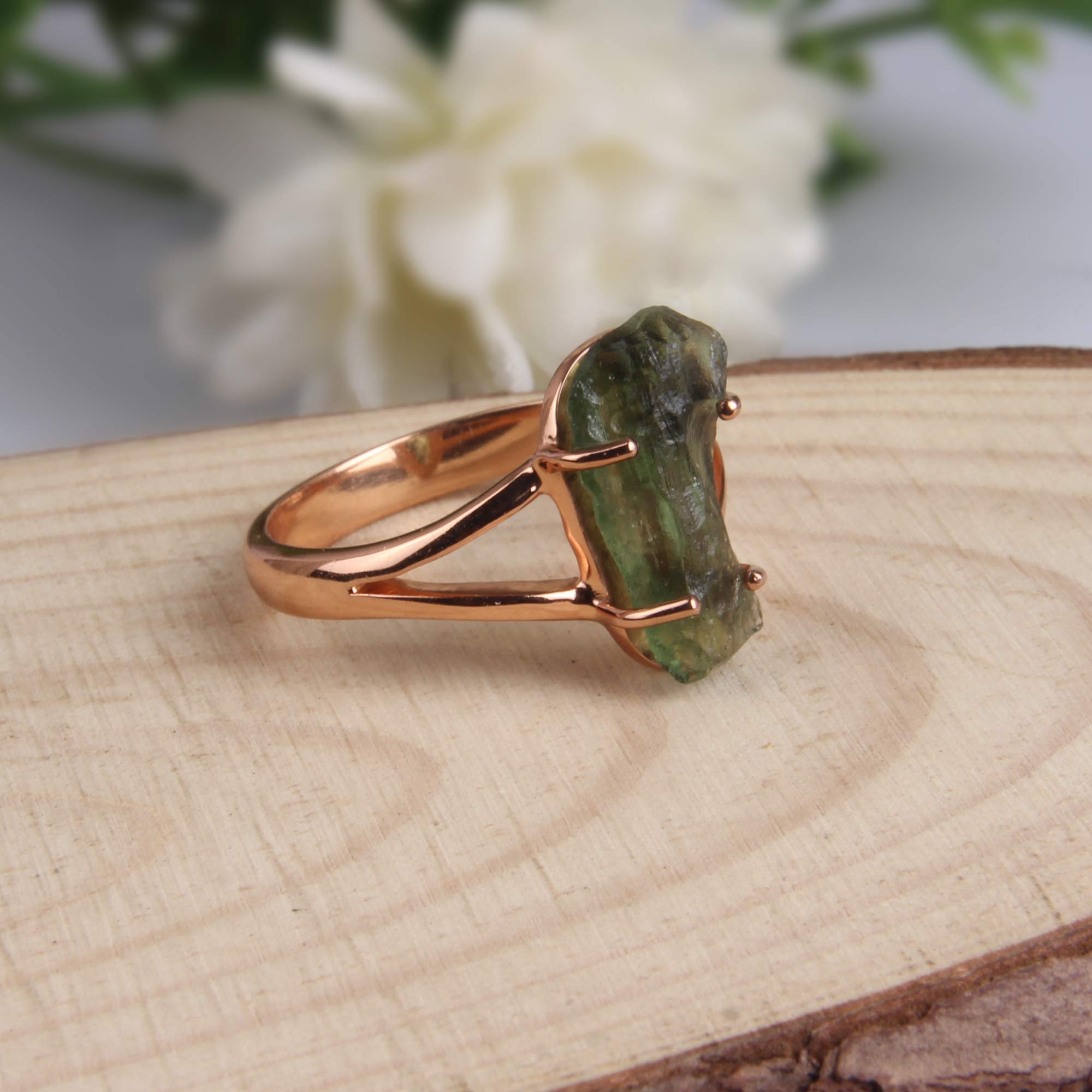 Rose Gold Plated 925 Sterling Silver Moldavite Ring - Genuine Raw Stone Spiritual Jewelry for Stacking, Engagement & Healing | Perfect for Meditation, Energy Work & Special Occasions