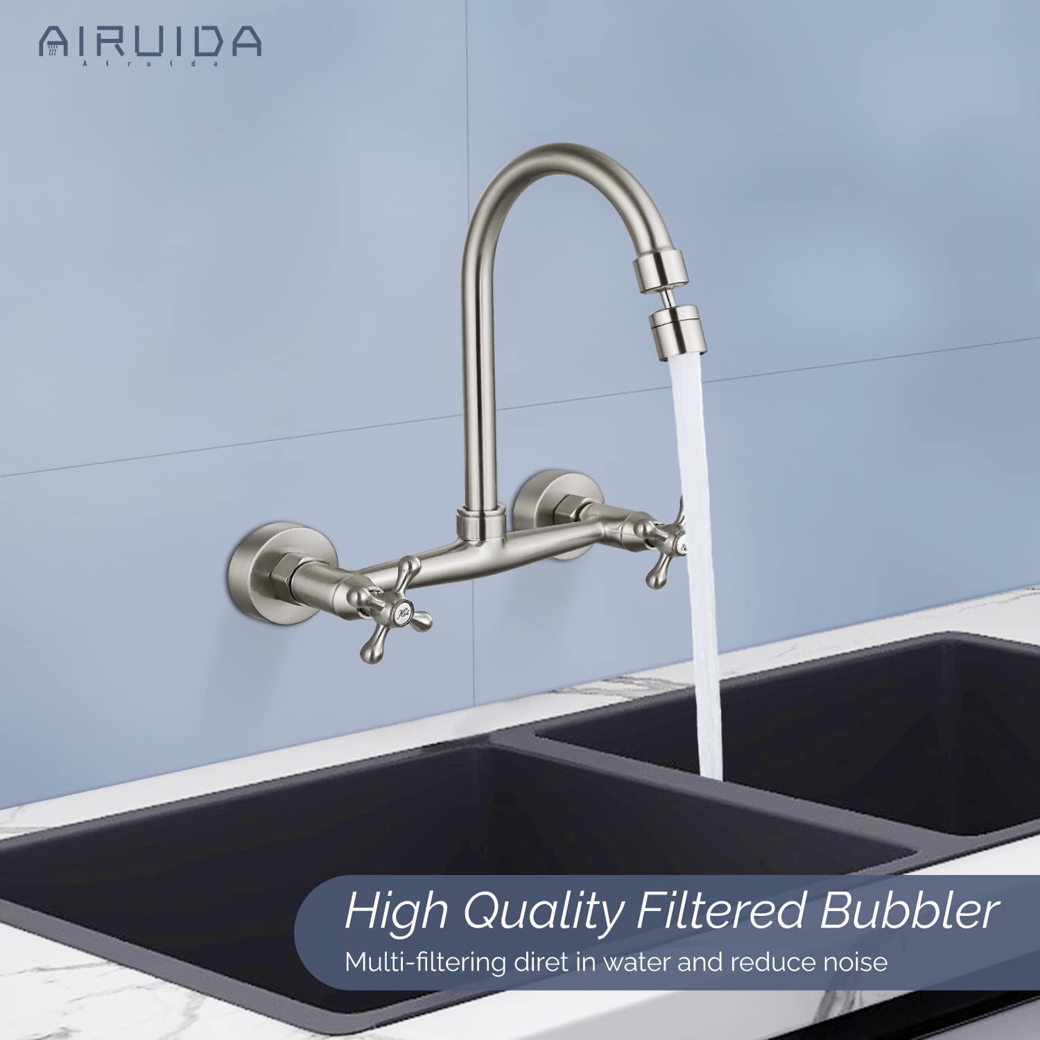 Airuida Brushed Nickel 8-Inch Wall Mount Kitchen Faucet with Sprayer, Stainless Steel Commercial Faucet Connector Set for Restaurant and Home Use