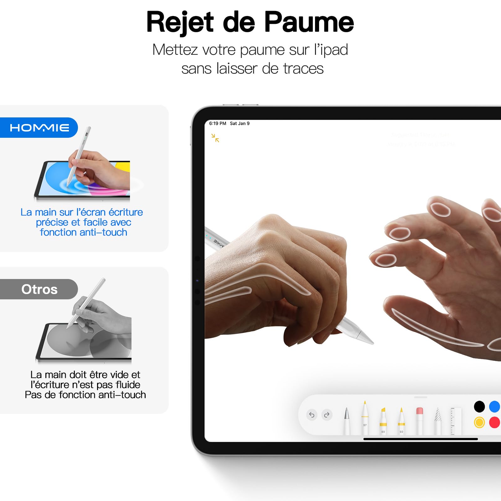 Hommie Stylus Pen for Apple iPad 2018-2024, iPad Pencil with 3 LED Indicators, 5-Min Fast Charging, Magnetic Attachment, Palm Rejection - Compatible with iPad 6/7/8/9/10, iPad Pro 12.9''/11''/13