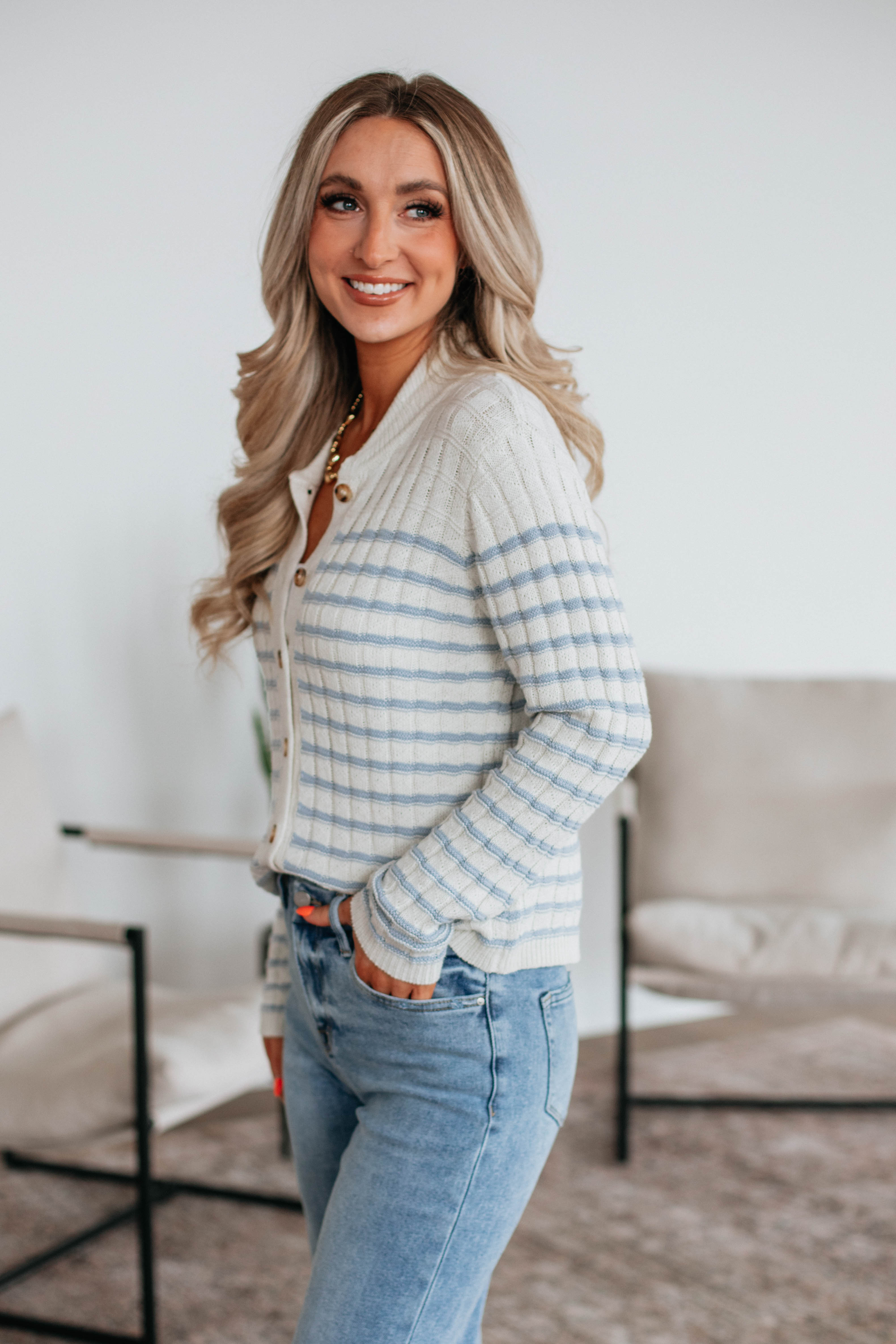 Emaline Striped Cardigan Women's Lightweight Knit Sweater - Sky Blue Mix Color for Casual Outfits & Fall Layering