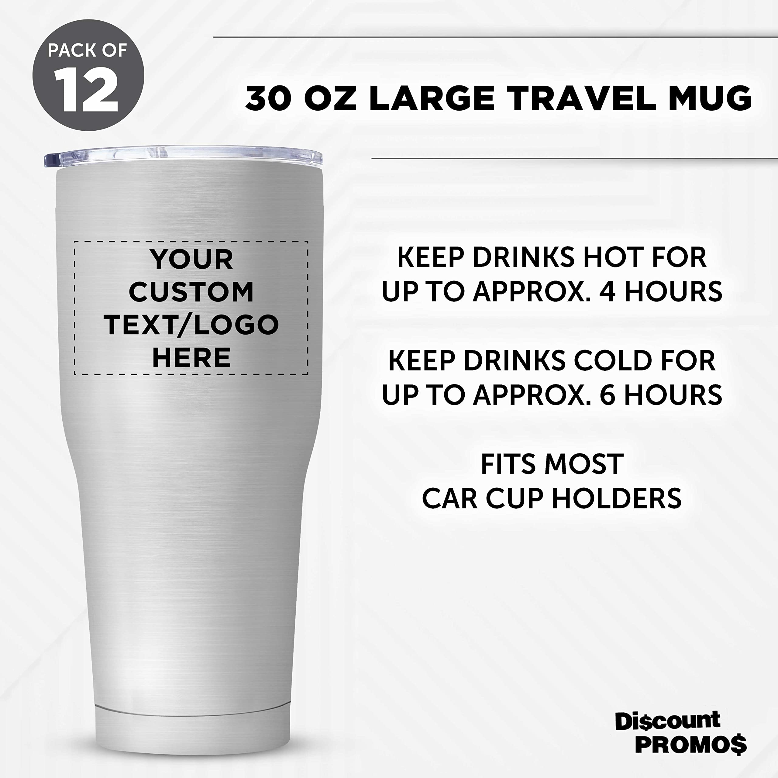 Custom 30 oz Big League Travel Tumblers - Set of 12 Personalized Stainless Steel Insulated Cups | Double Wall Vacuum Insulation for Coffee, Tea & Hot Cocoa | Perfect for Team Sports, Camping & Office Use - Silver Bulk Pack