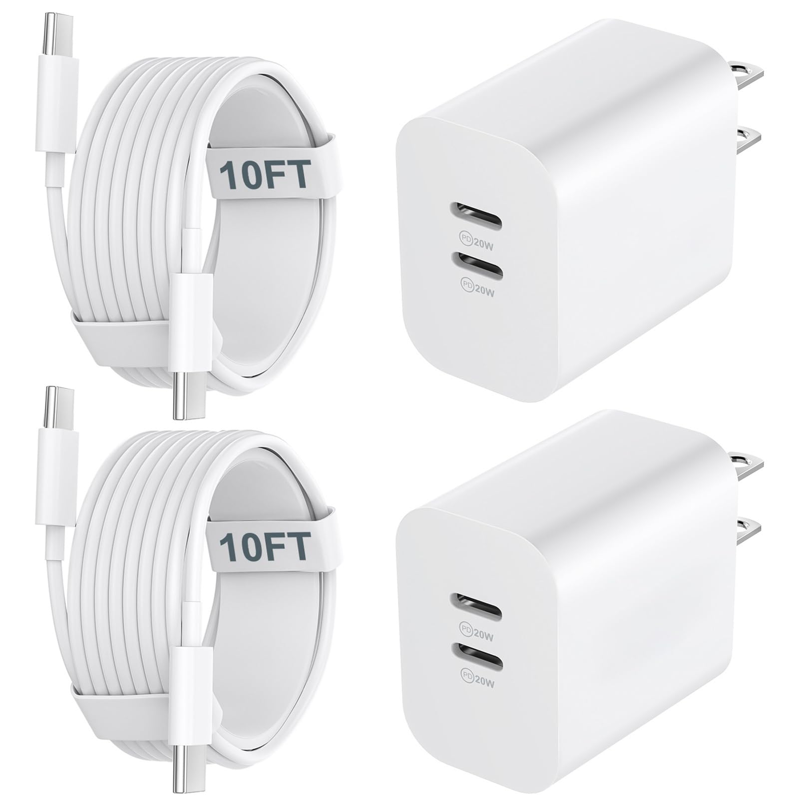 20W Fast USB C Charger Block with 10FT Cable - Dual Port Quick Charging for iPhone 16/15 Series, iPad Pro/Air & Android Phones | Perfect for Home, Office & Travel Charging Needs