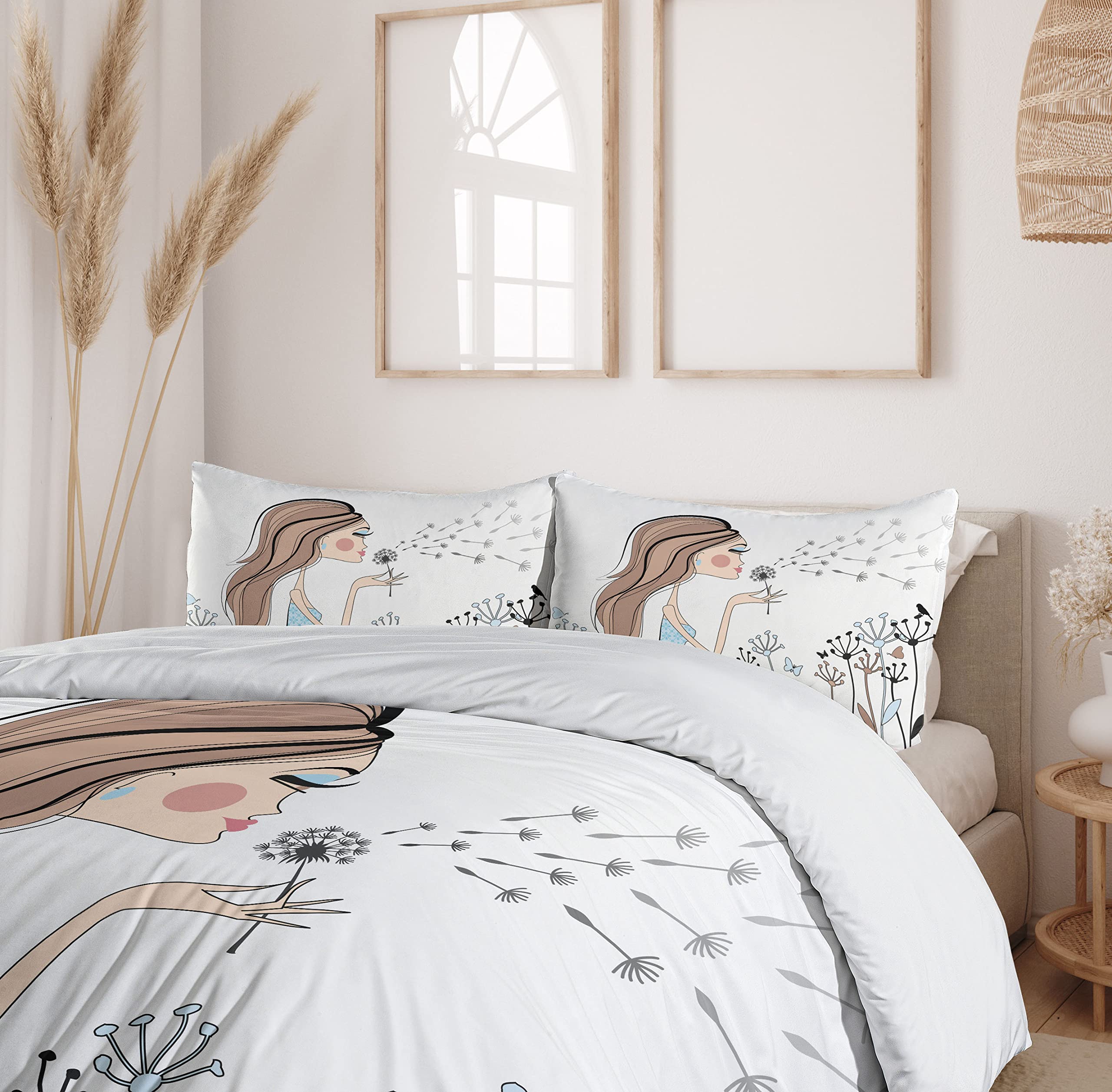 Ambesonne Retro Duvet Cover Set - Fashion Woman with Dandelion Flower Spring Wind Garden Sketchy Illustration, 3-Piece King Size Bedding Set with 2 Pillow Shams in Warm Taupe & Blue | Perfect for Bohemian Bedroom Decor, Guest Room Makeover & Cozy Home Styling