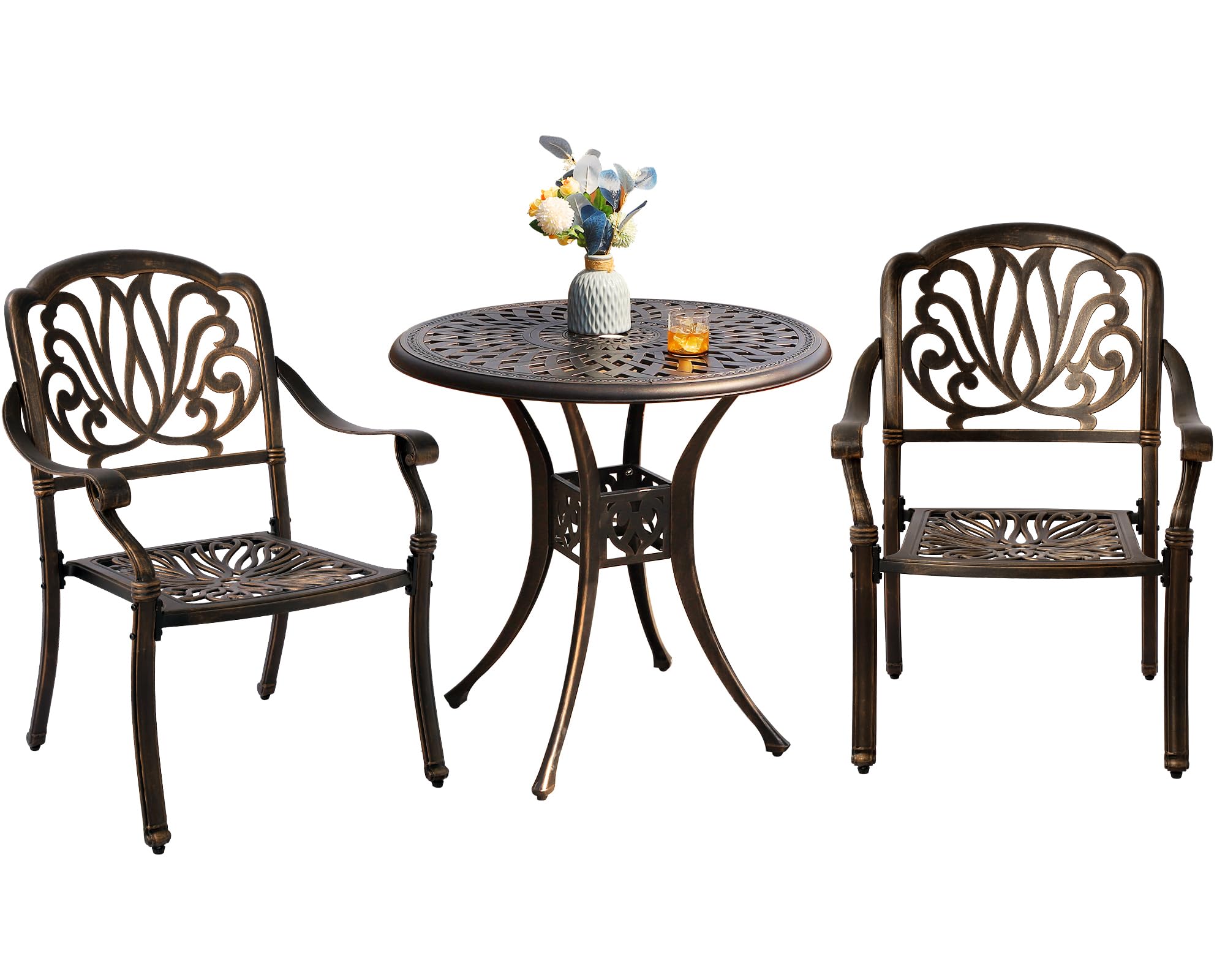 Grepatio 3-Piece All-Weather Cast Aluminum Outdoor Dining Set - 2 Patterned Back Chairs & 1 Bistro Table with Umbrella Hole - Patio, Garden, Poolside Furniture in Antique Bronze - Perfect for Backyard BBQs, Outdoor Entertaining & Relaxation
